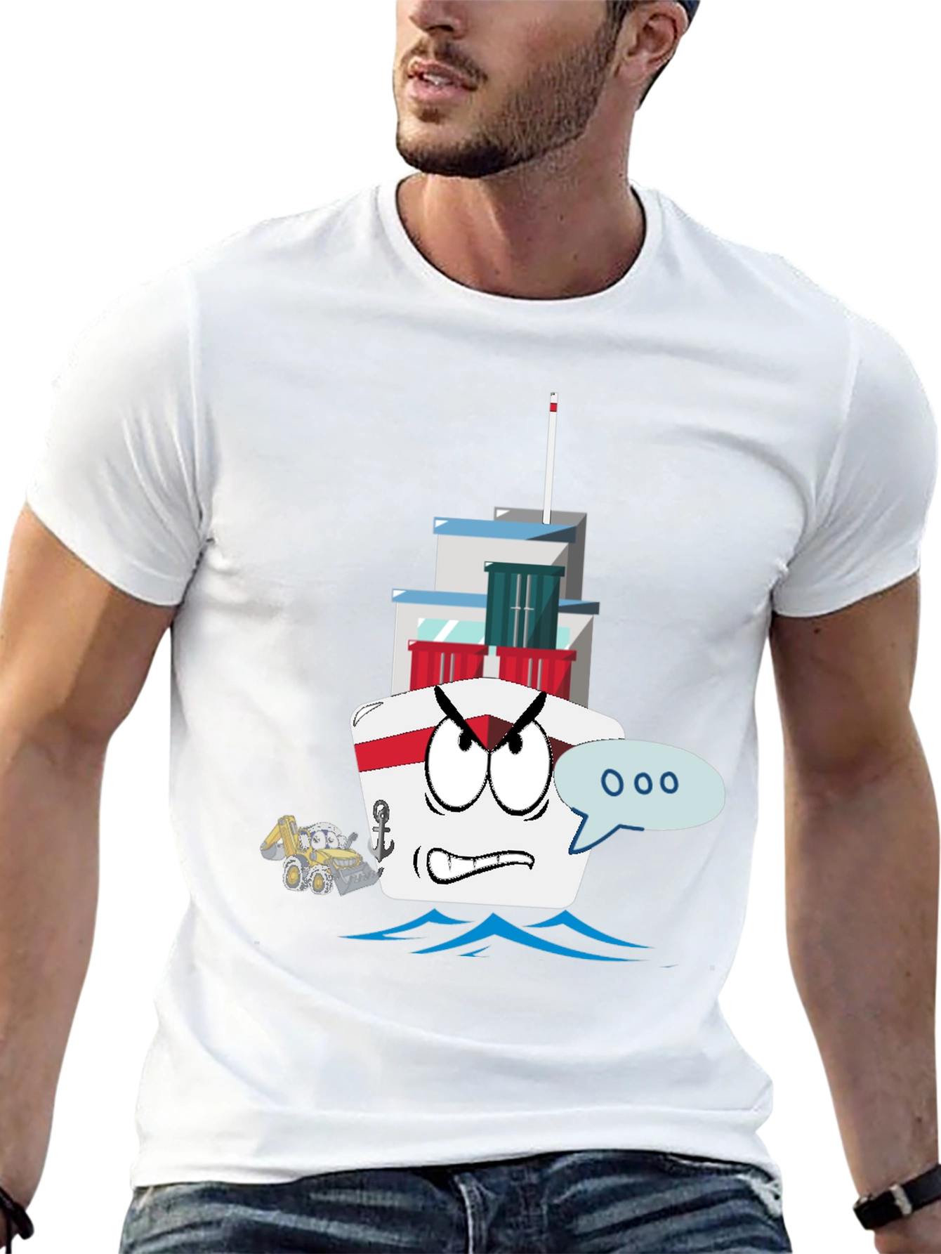 Angry Cartoon Boat Graphic Tee - Novelty Design