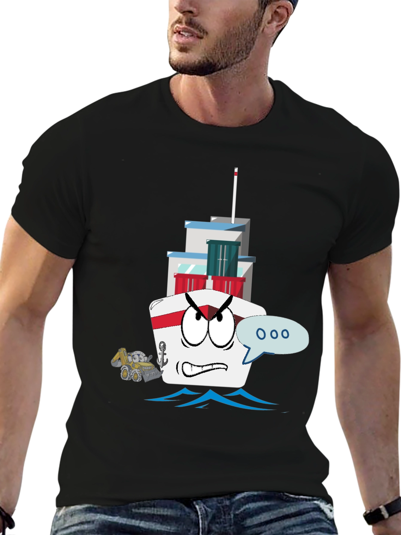 Angry Cartoon Boat Graphic Tee - Novelty Design