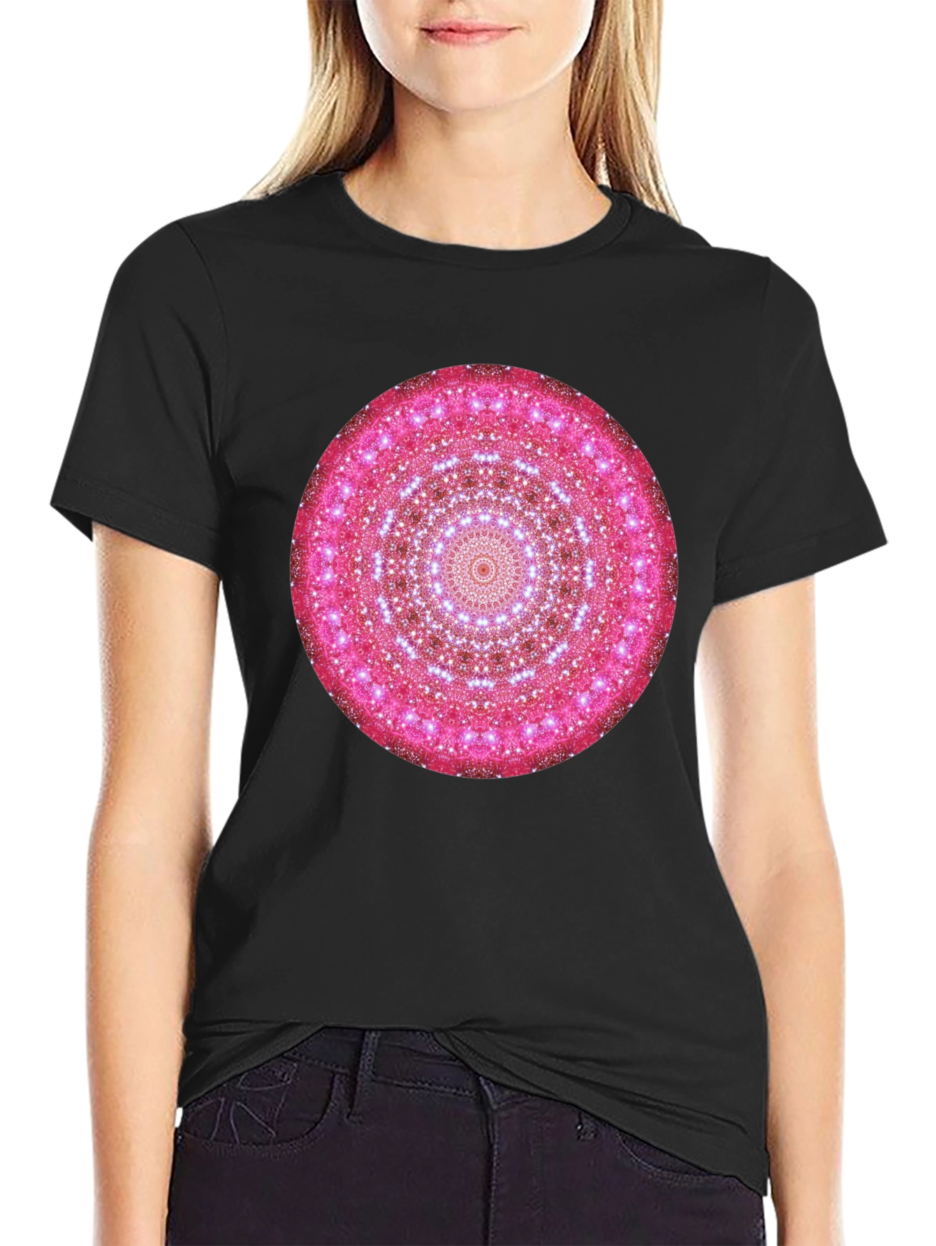 Pink Mandala Graphic Black T-Shirt