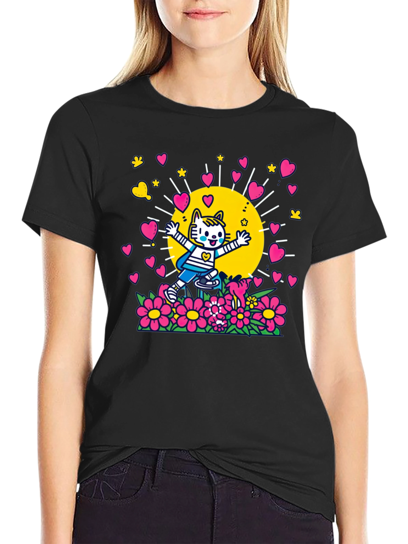 Cute Cartoon Cat Graphic T-Shirt