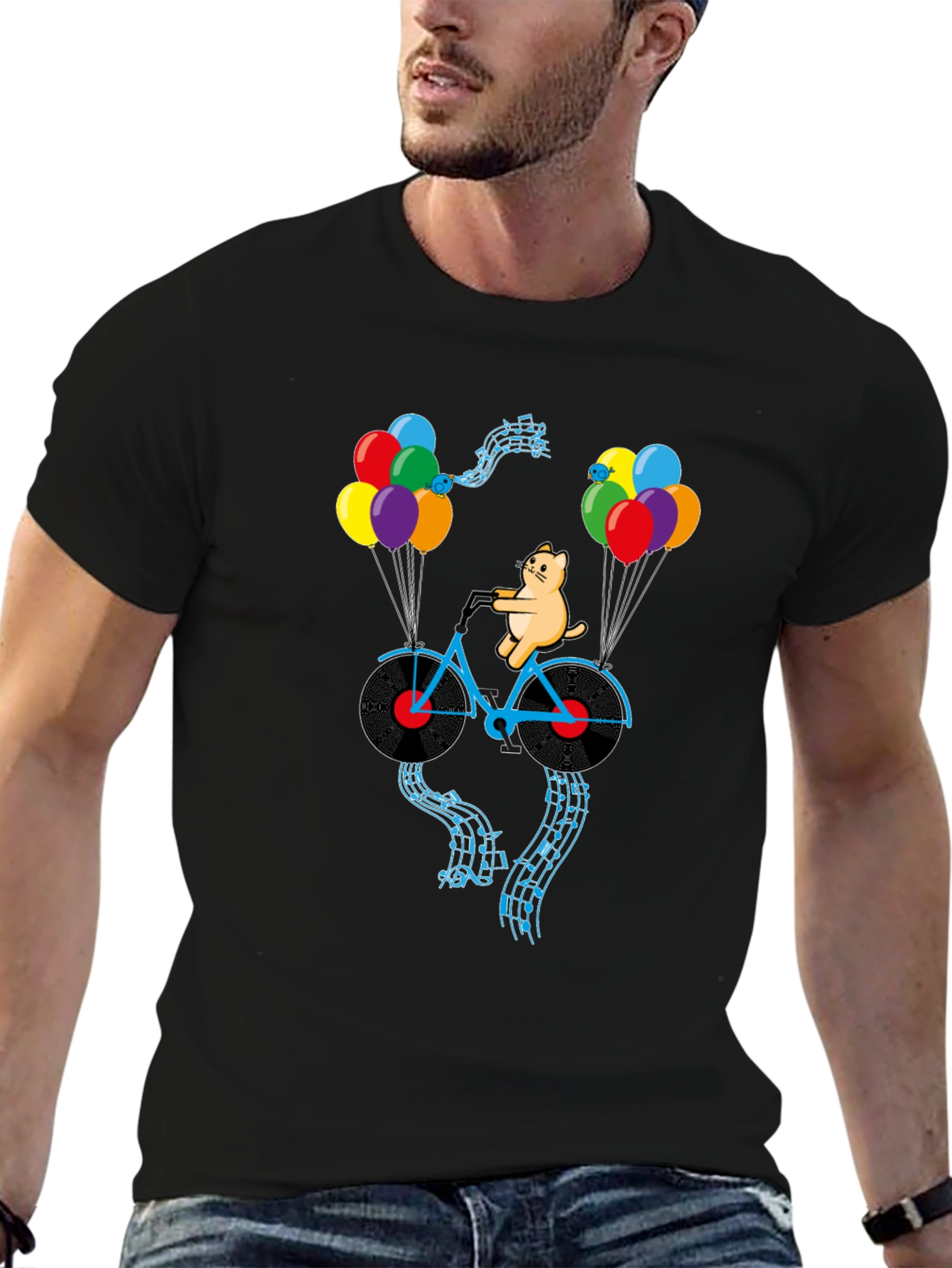 Cat Riding Bike with Balloons Mens Graphic Tee