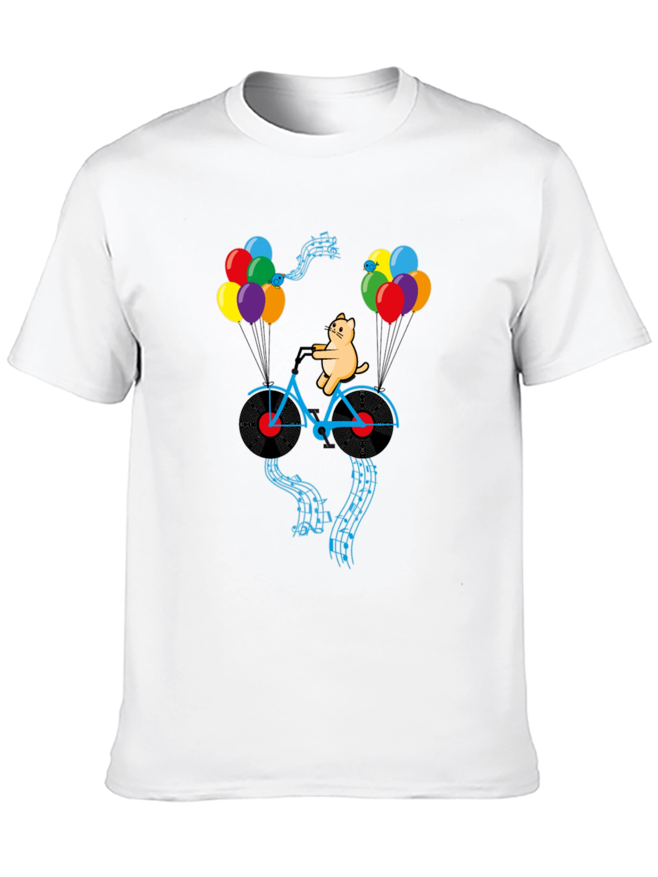 Cat Riding Bike with Balloons Mens Graphic Tee