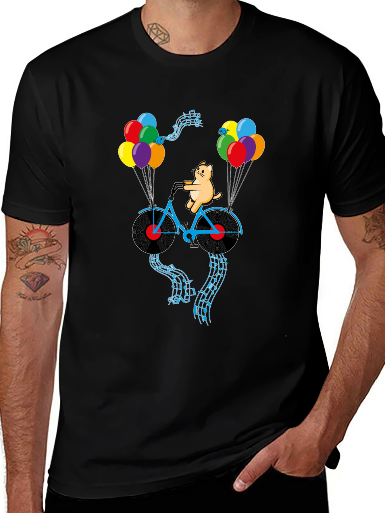 Cat Riding Bike with Balloons Mens Graphic Tee