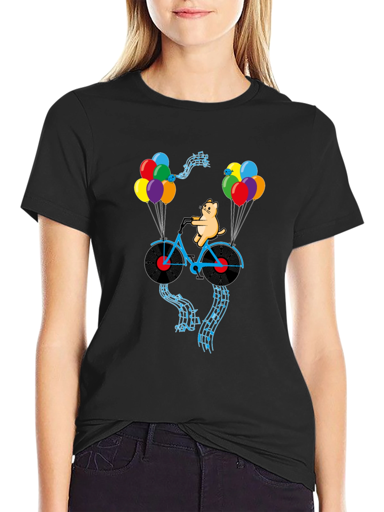 Cat Riding Bike with Balloons Mens Graphic Tee