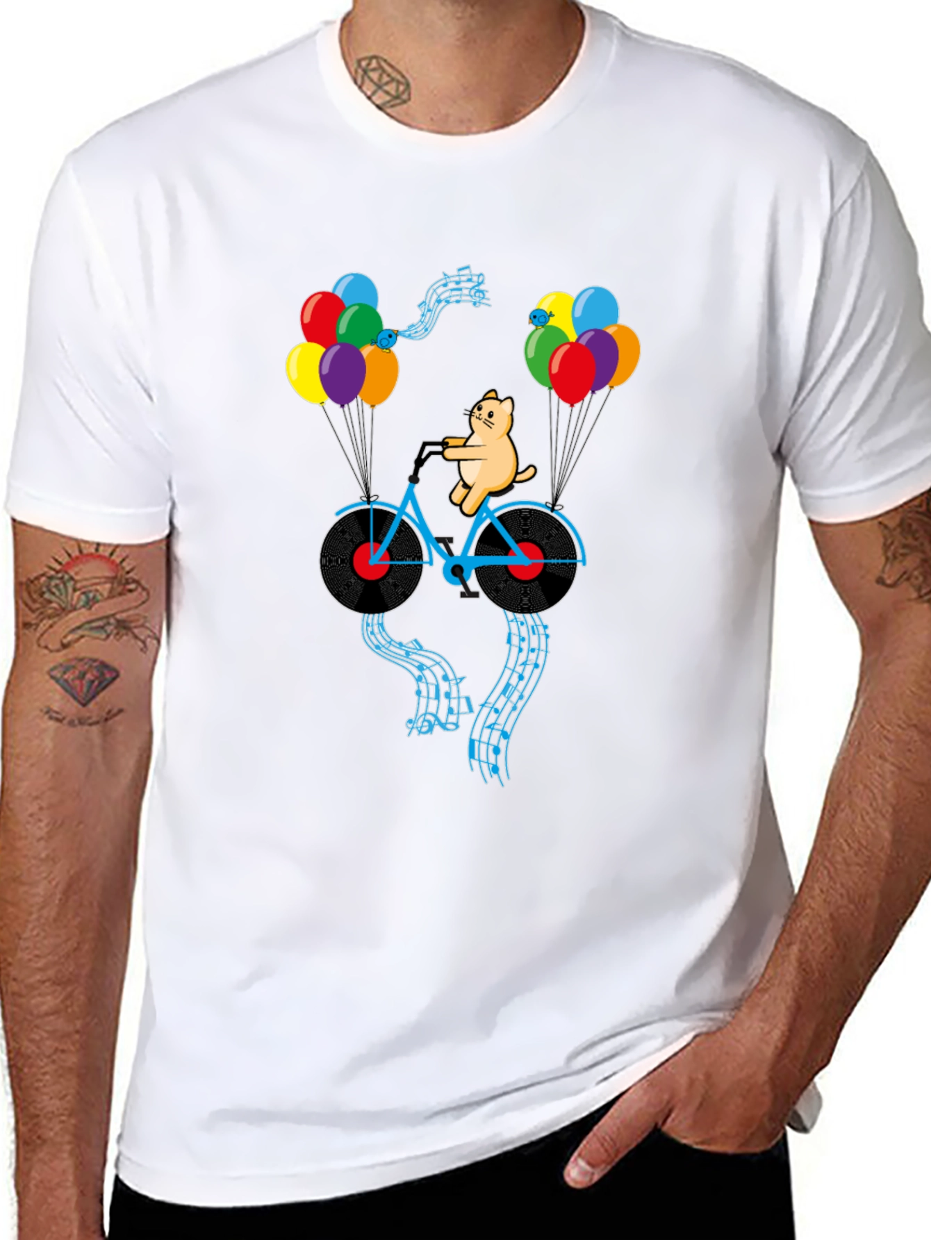 Cat Riding Bike with Balloons Mens Graphic Tee