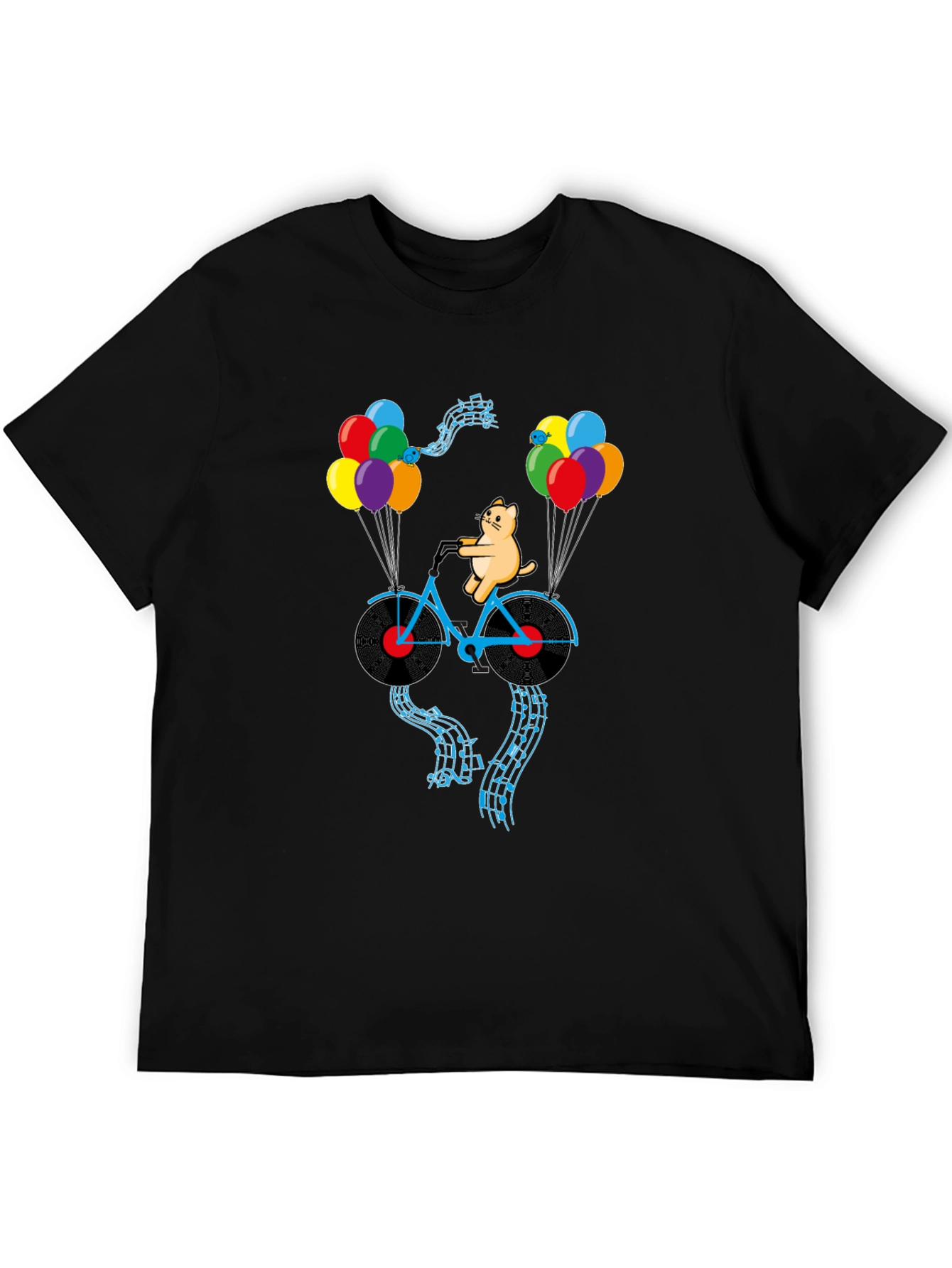 Cat Riding Bike with Balloons Mens Graphic Tee