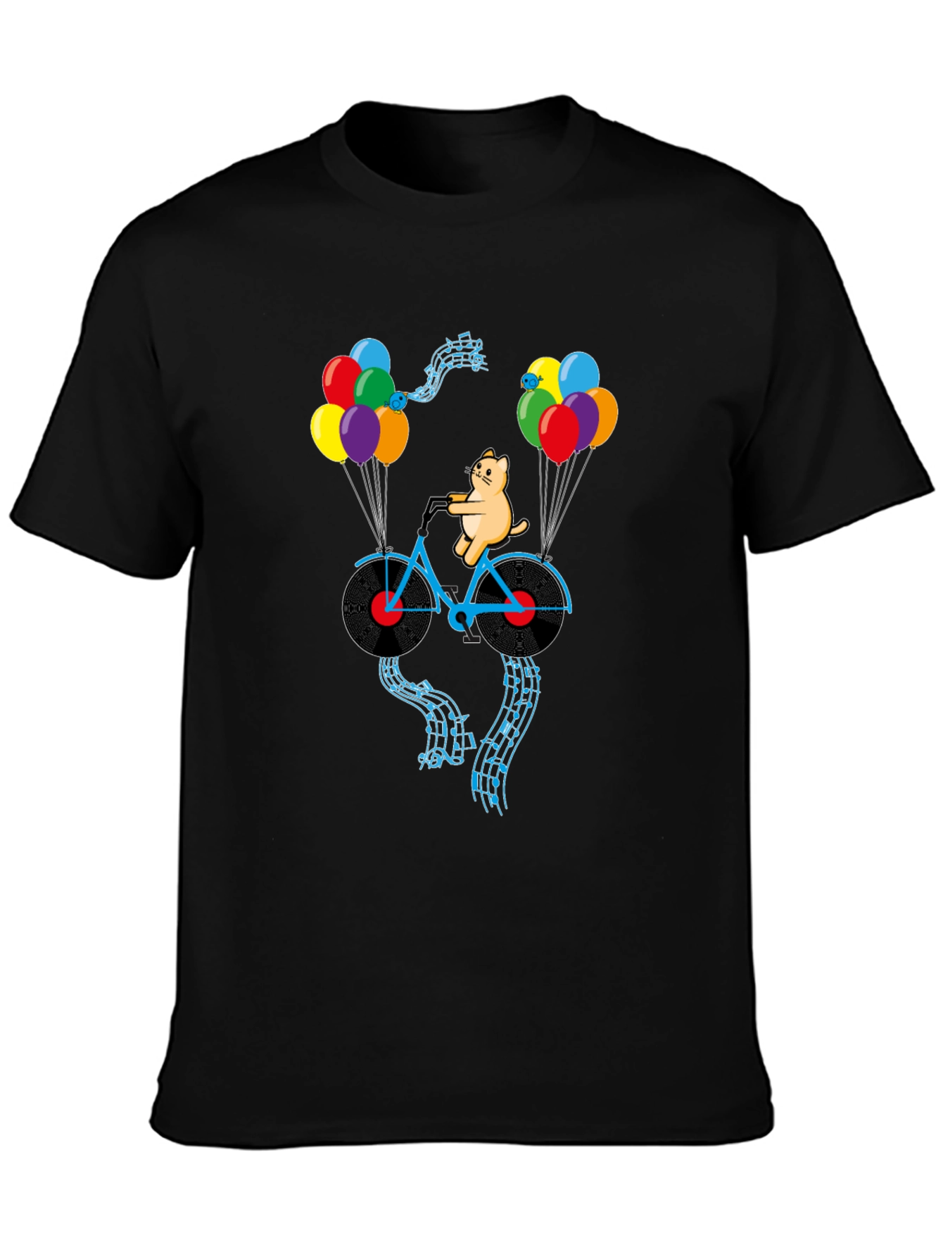 Cat Riding Bike with Balloons Mens Graphic Tee