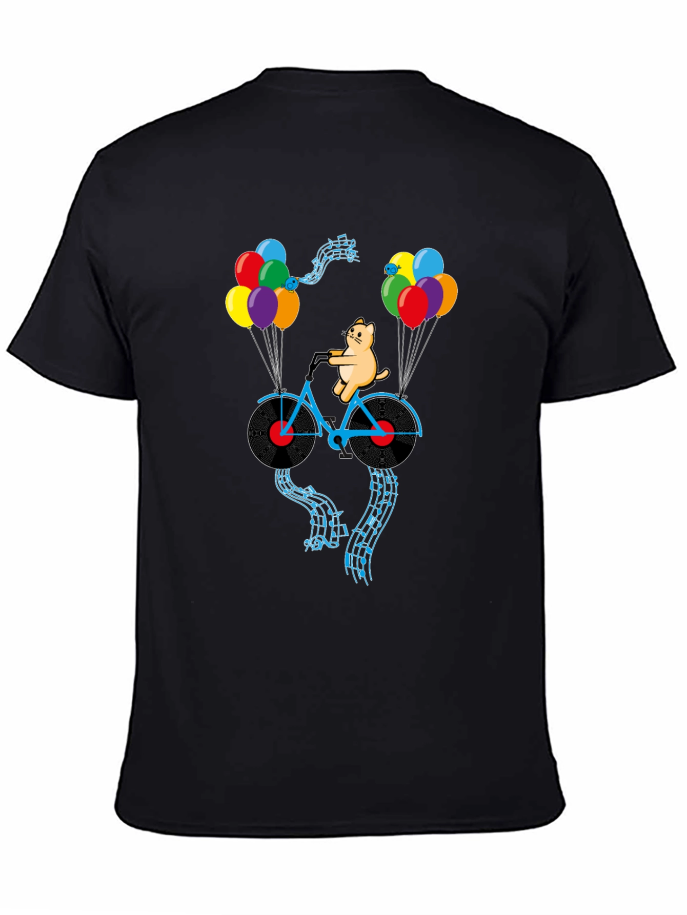 Cat Riding Bike with Balloons Mens Graphic Tee