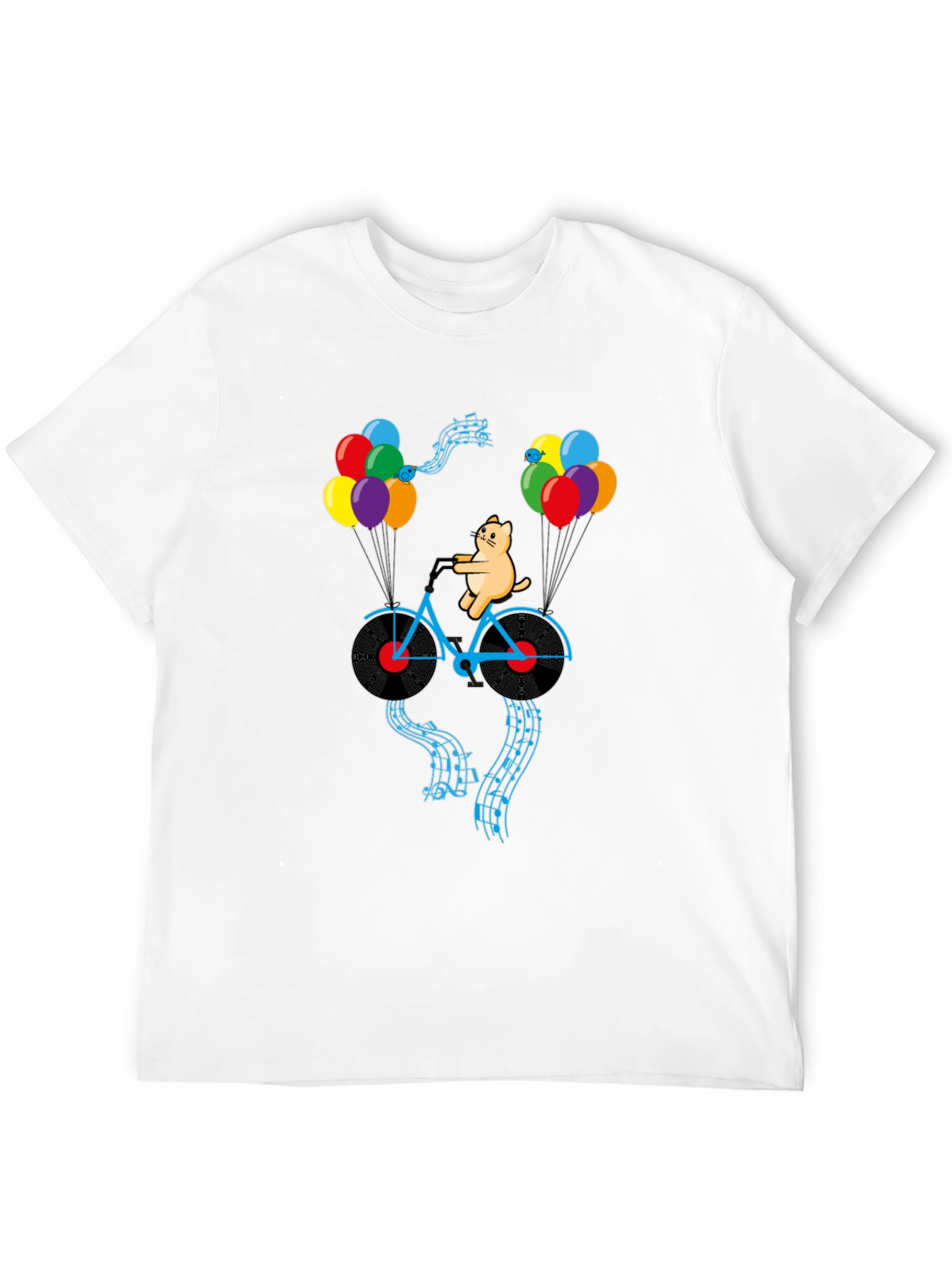 Cat Riding Bike with Balloons Mens Graphic Tee