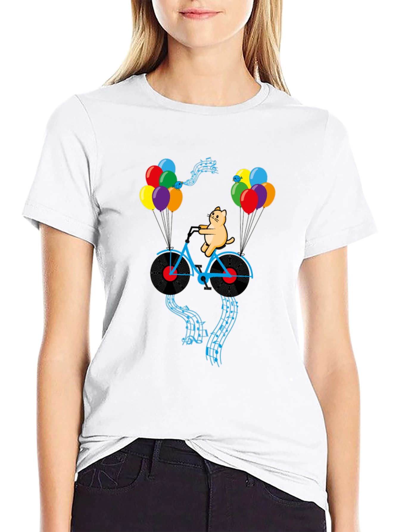 Cat Riding Bike with Balloons Mens Graphic Tee