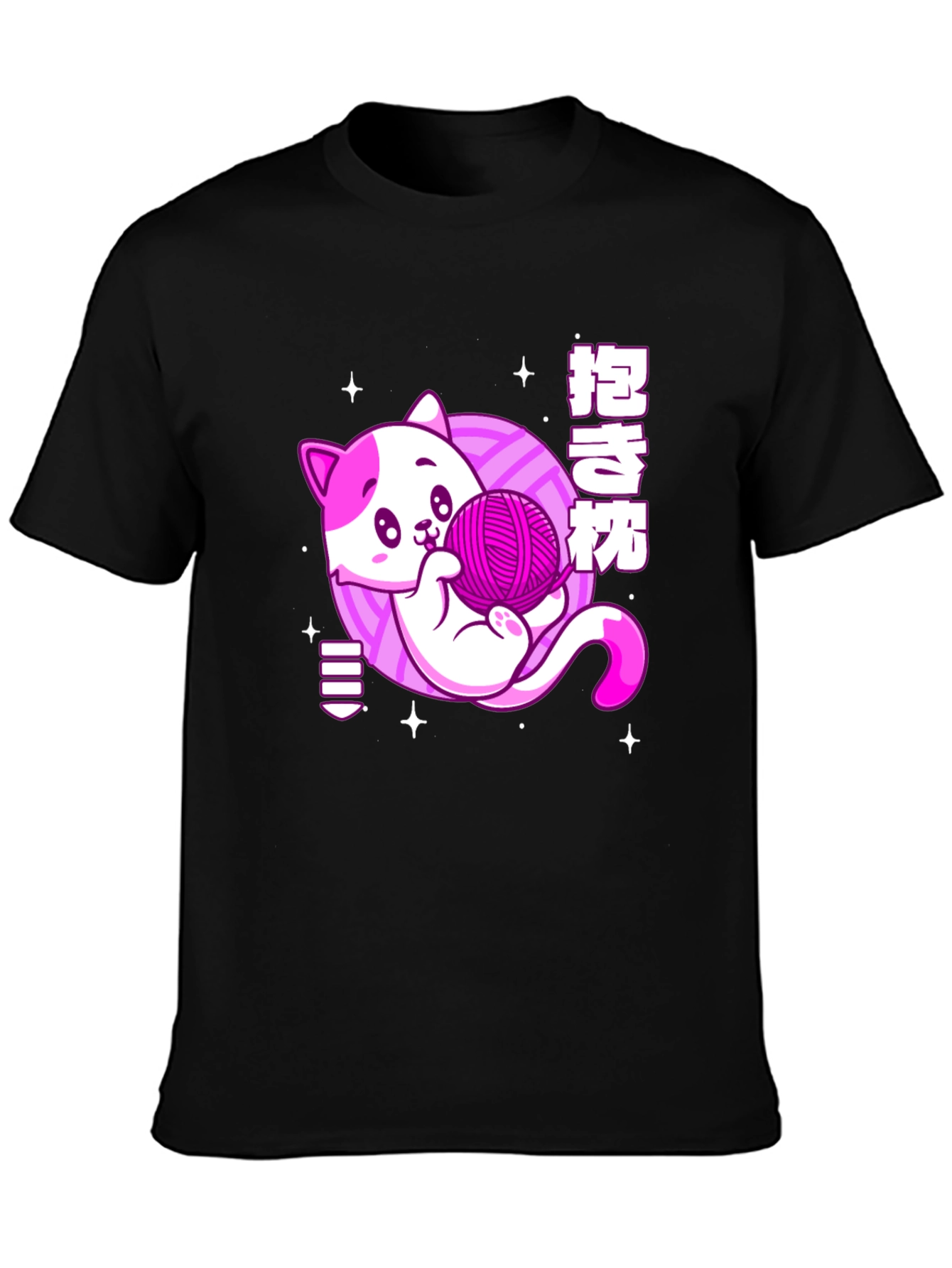 Kawaii Cat Yarn Ball Graphic Tee - Black