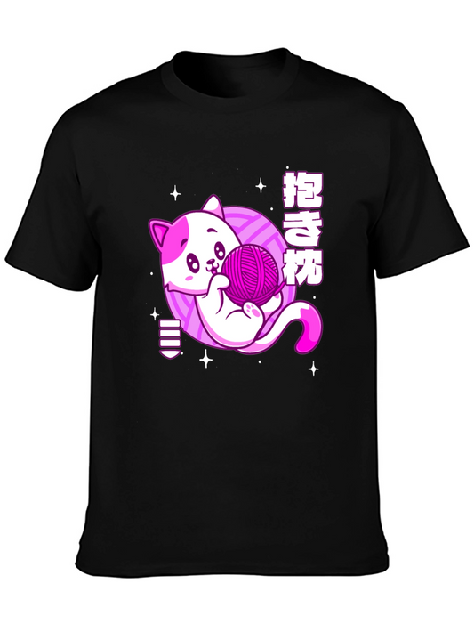 Kawaii Cat Yarn Ball Graphic Tee - Black
