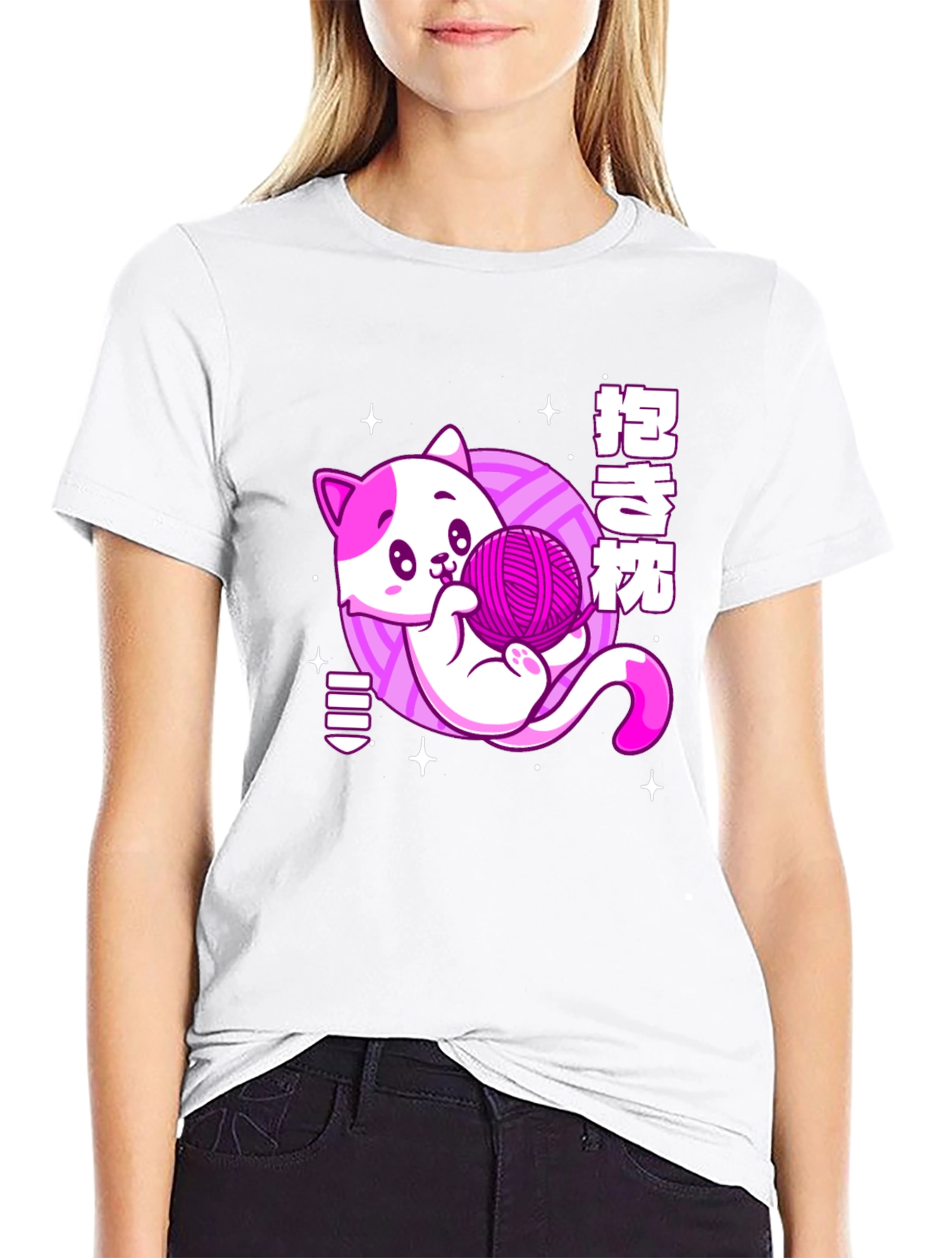 Kawaii Cat Yarn Ball Graphic Tee - Black