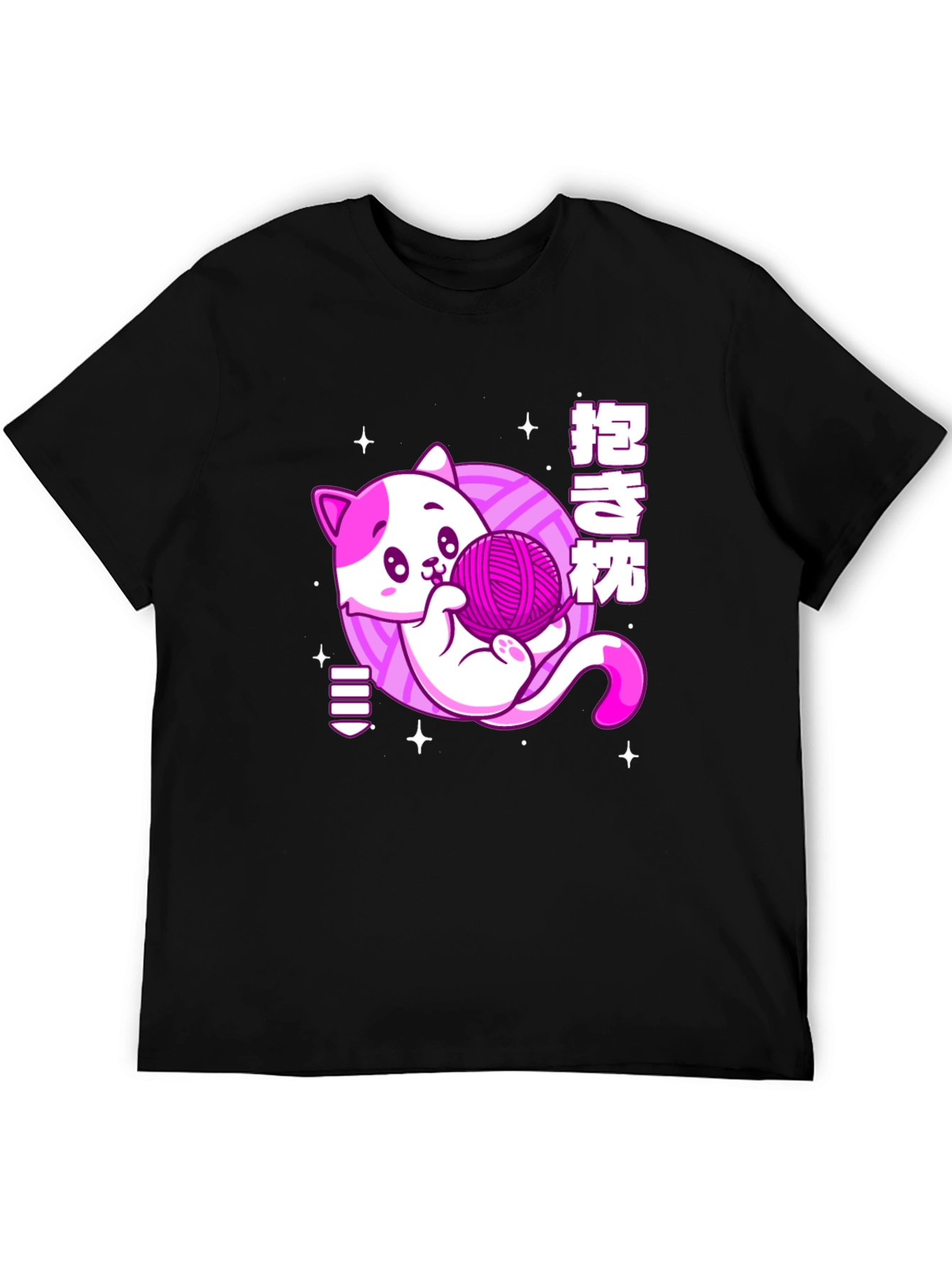 Kawaii Cat Yarn Ball Graphic Tee - Black