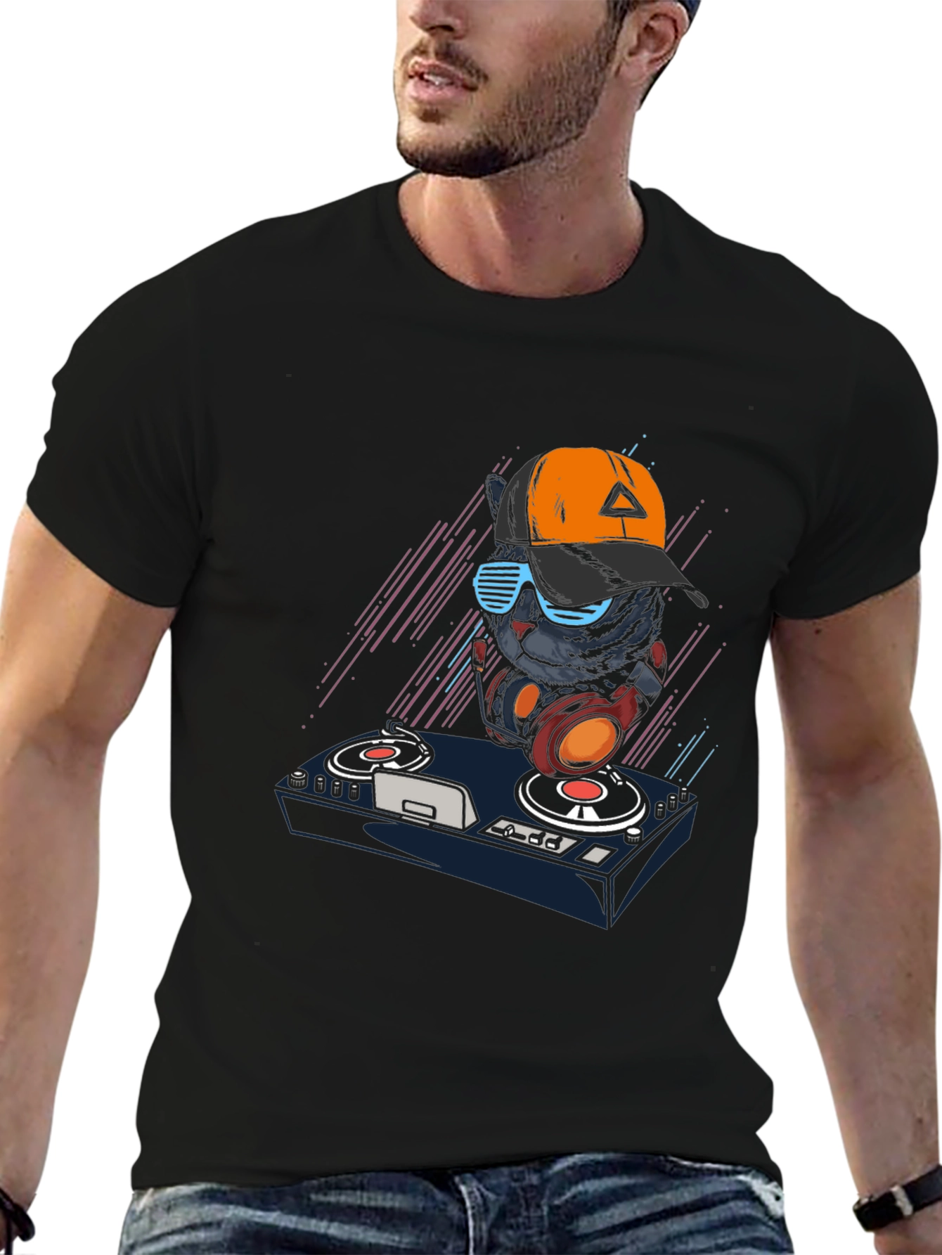 DJ Cat Graphic Tee - Cool Black T-Shirt