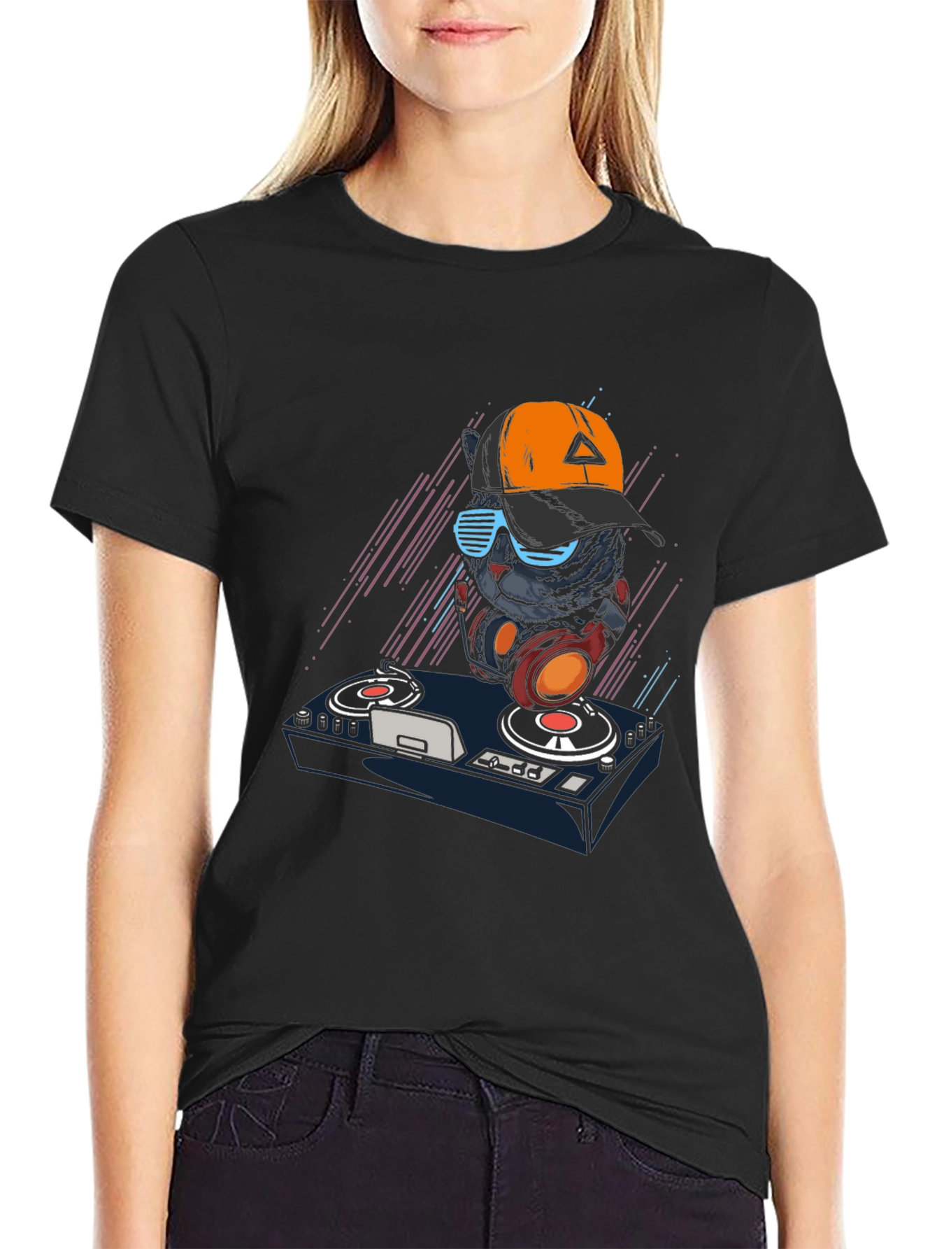 DJ Cat Graphic Tee - Cool Black T-Shirt