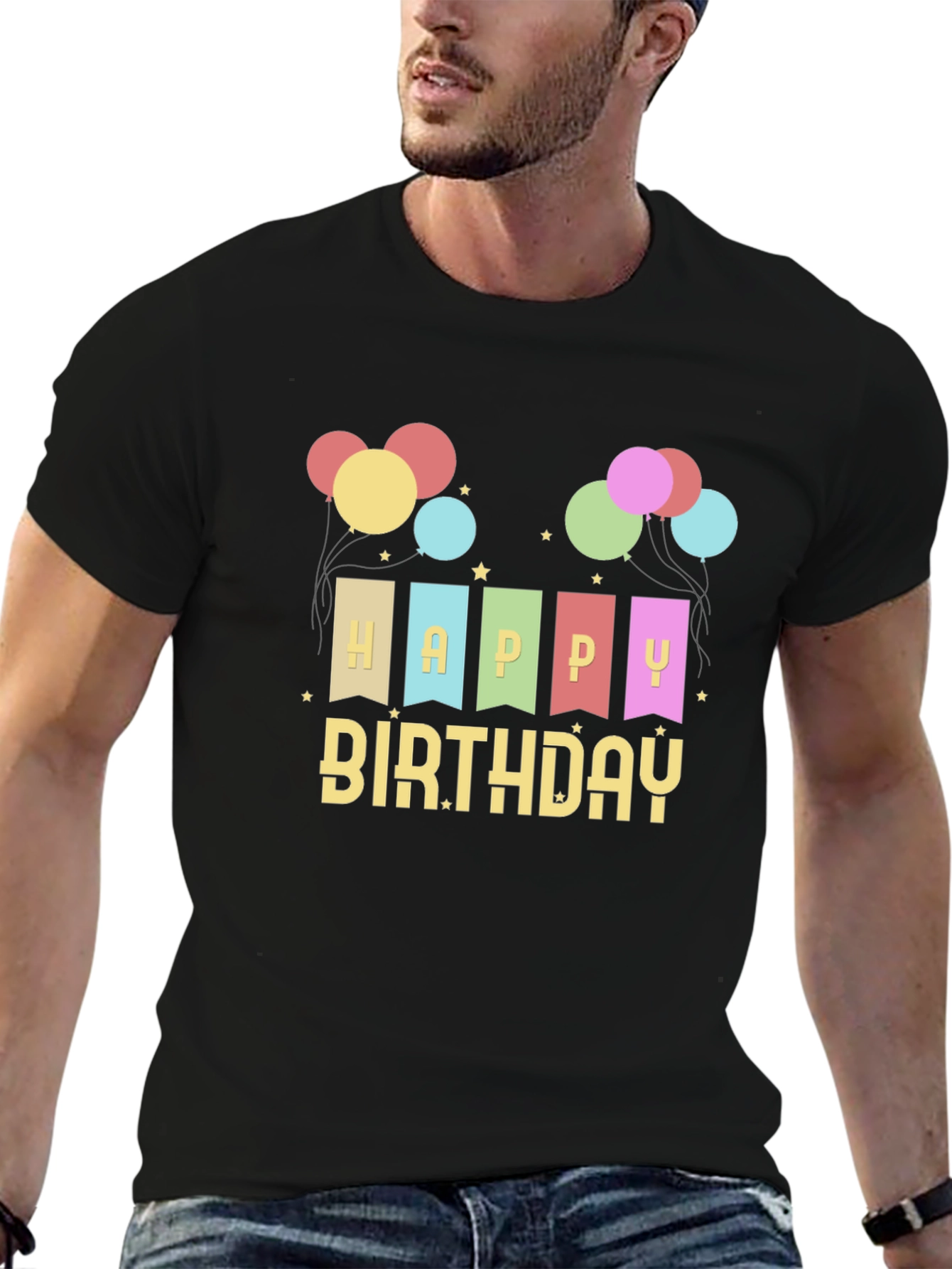 Happy Birthday Graphic Tee - Black Crew Neck
