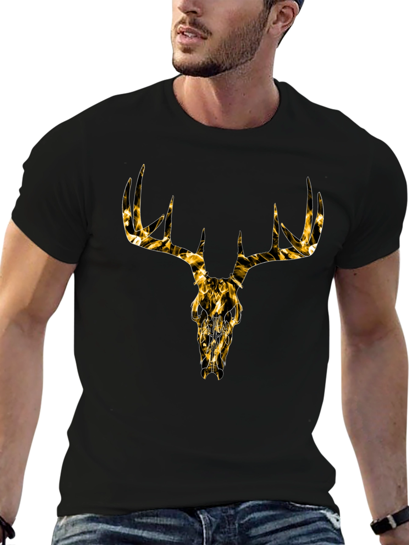 Mens Black T-Shirt with Gold Deer Skull Graphic