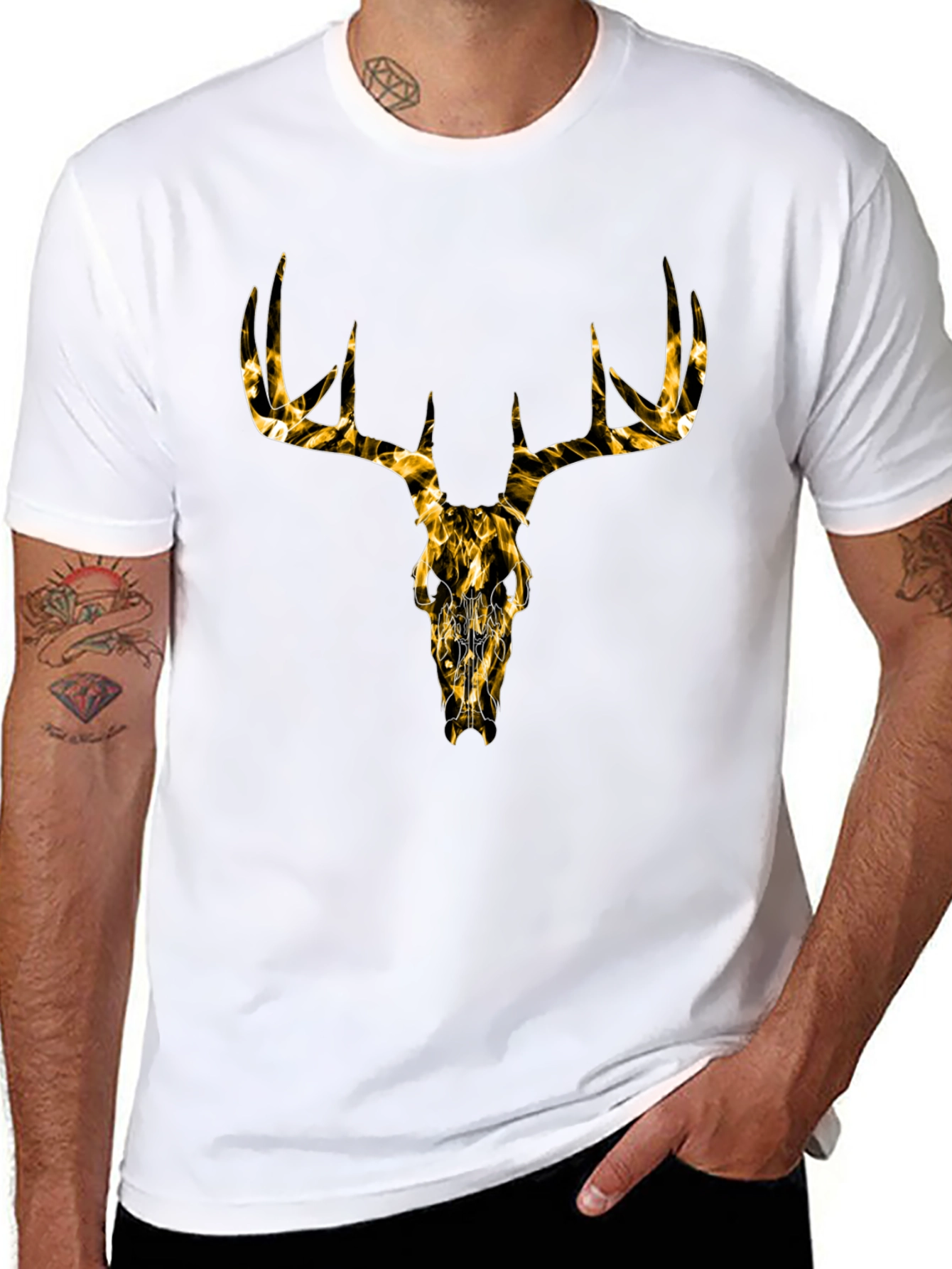 Mens Black T-Shirt with Gold Deer Skull Graphic