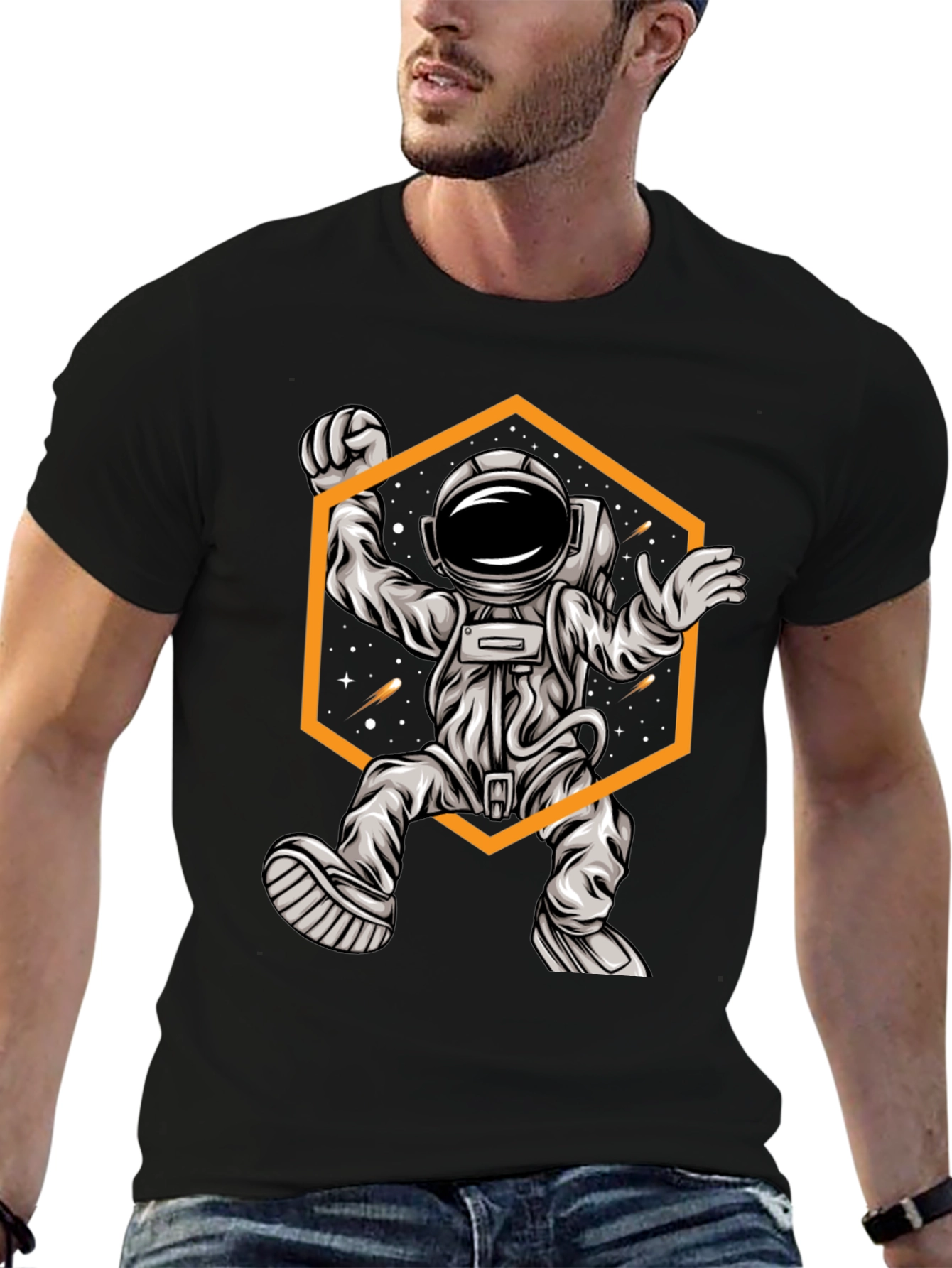 Astronaut Graphic Tee - Space Design Black T-Shirt