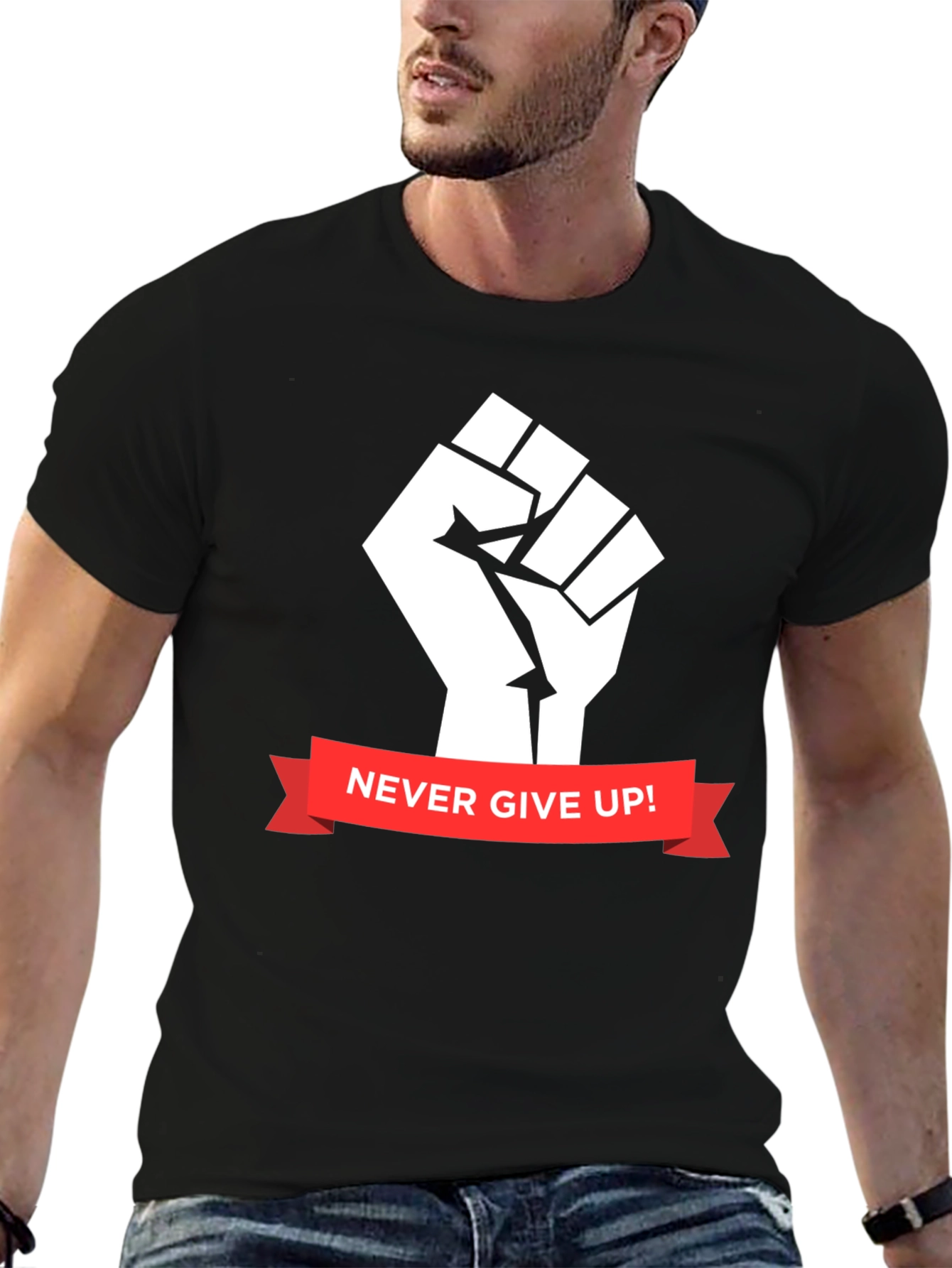 Never Give Up Graphic Tee - Black Cotton