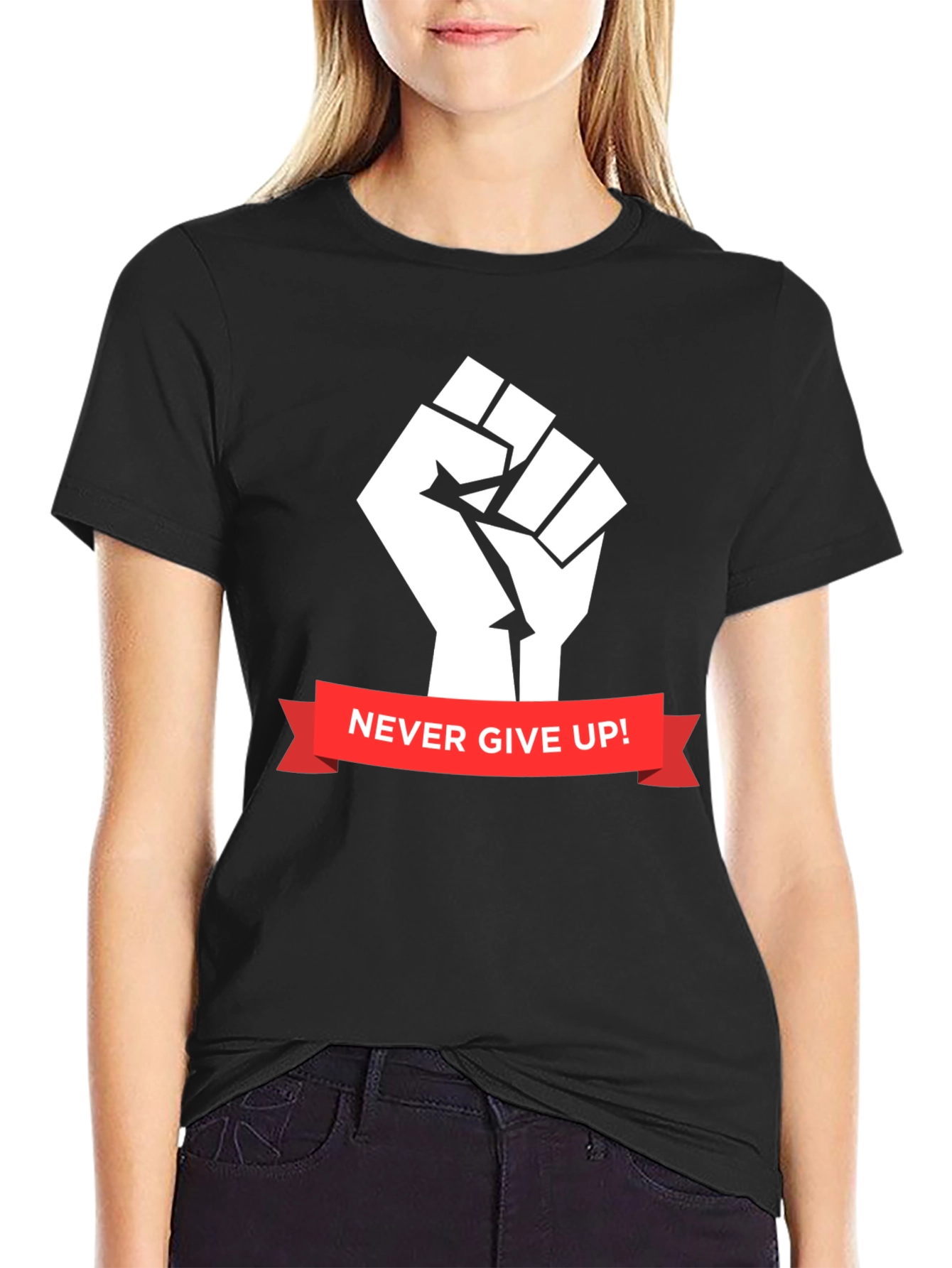 Never Give Up Graphic Tee - Black Cotton