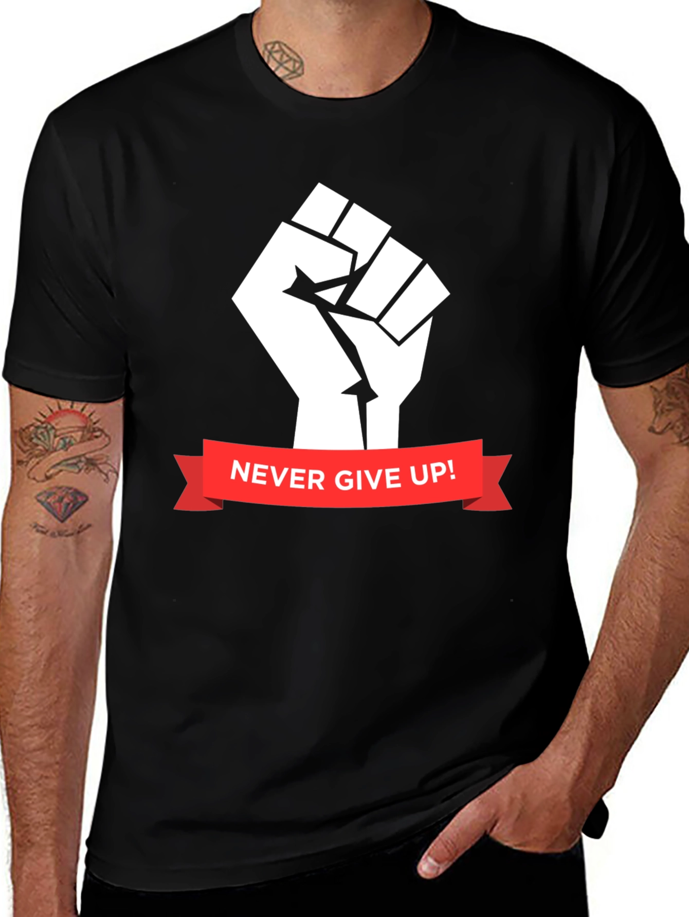 Never Give Up Graphic Tee - Black Cotton