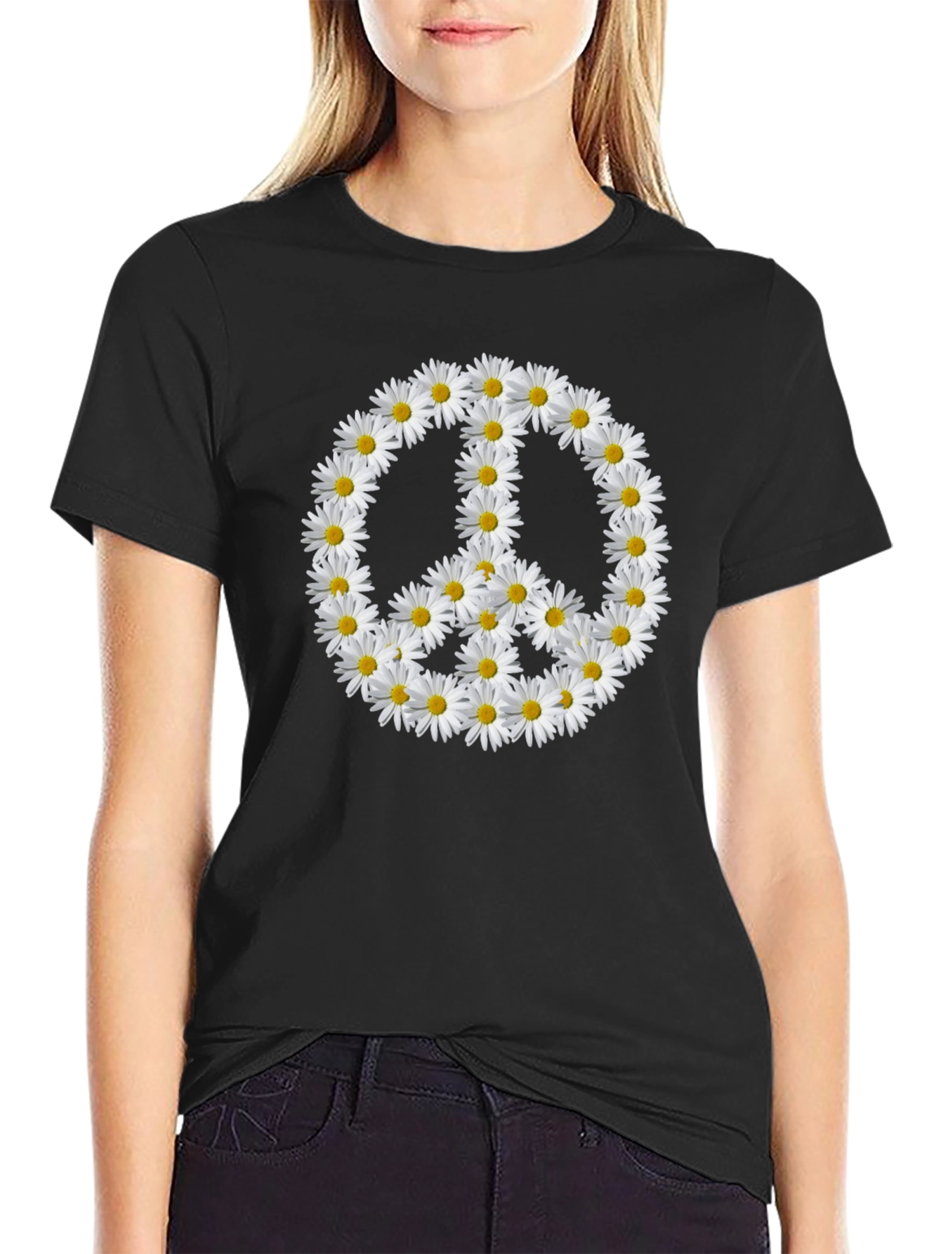 Daisy Peace Sign Black T-Shirt