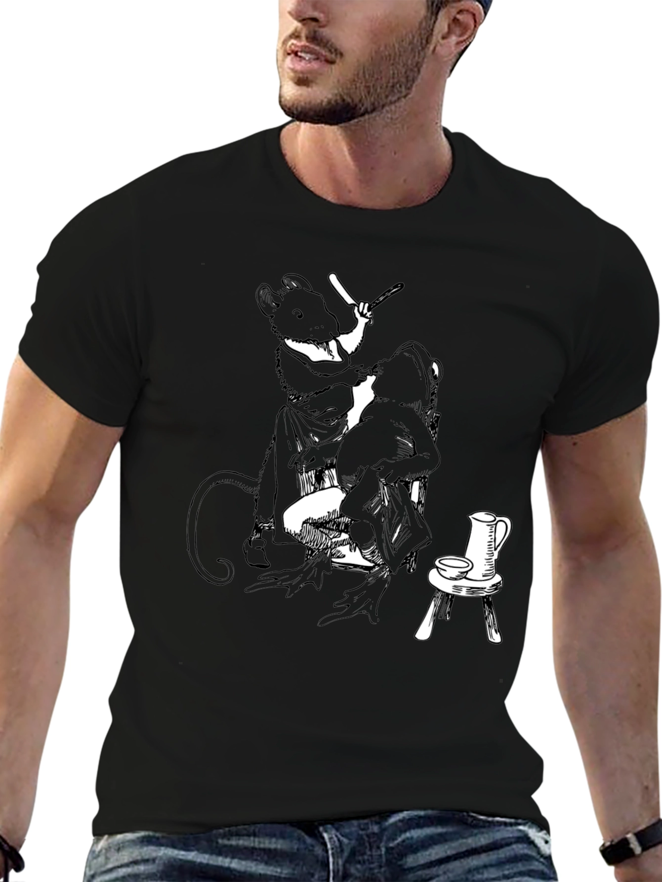 Whimsical Black Mouse Barber T-Shirt
