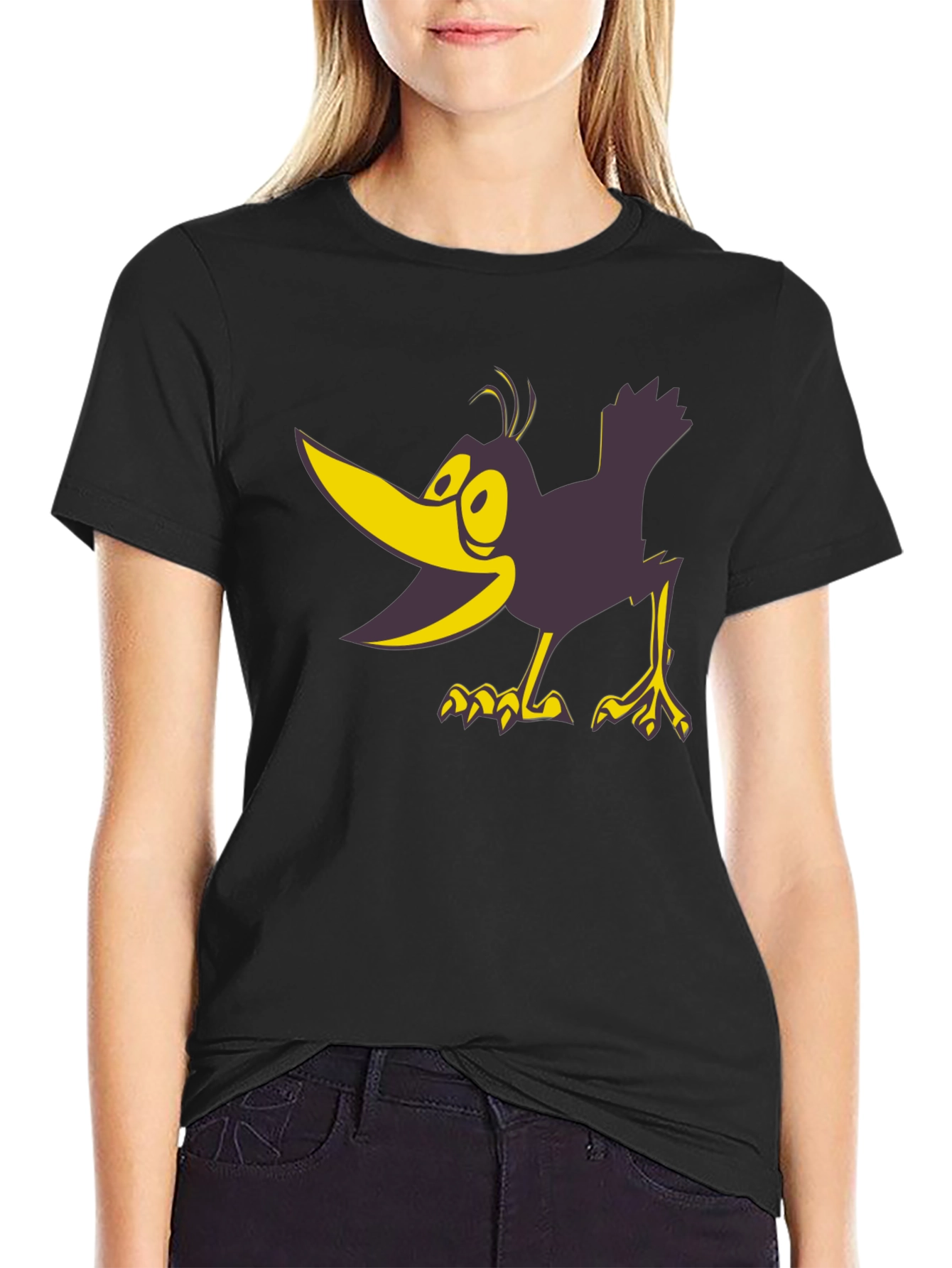 Cartoon Crow Graphic Tee - Black Crew Neck