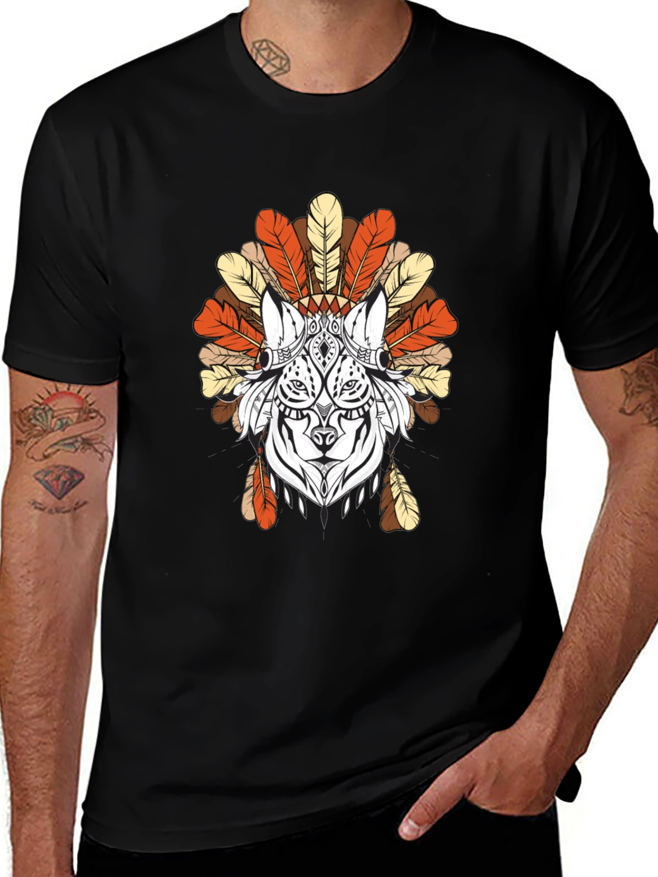 Feathered Wolf Graphic Tee - Tribal Design
