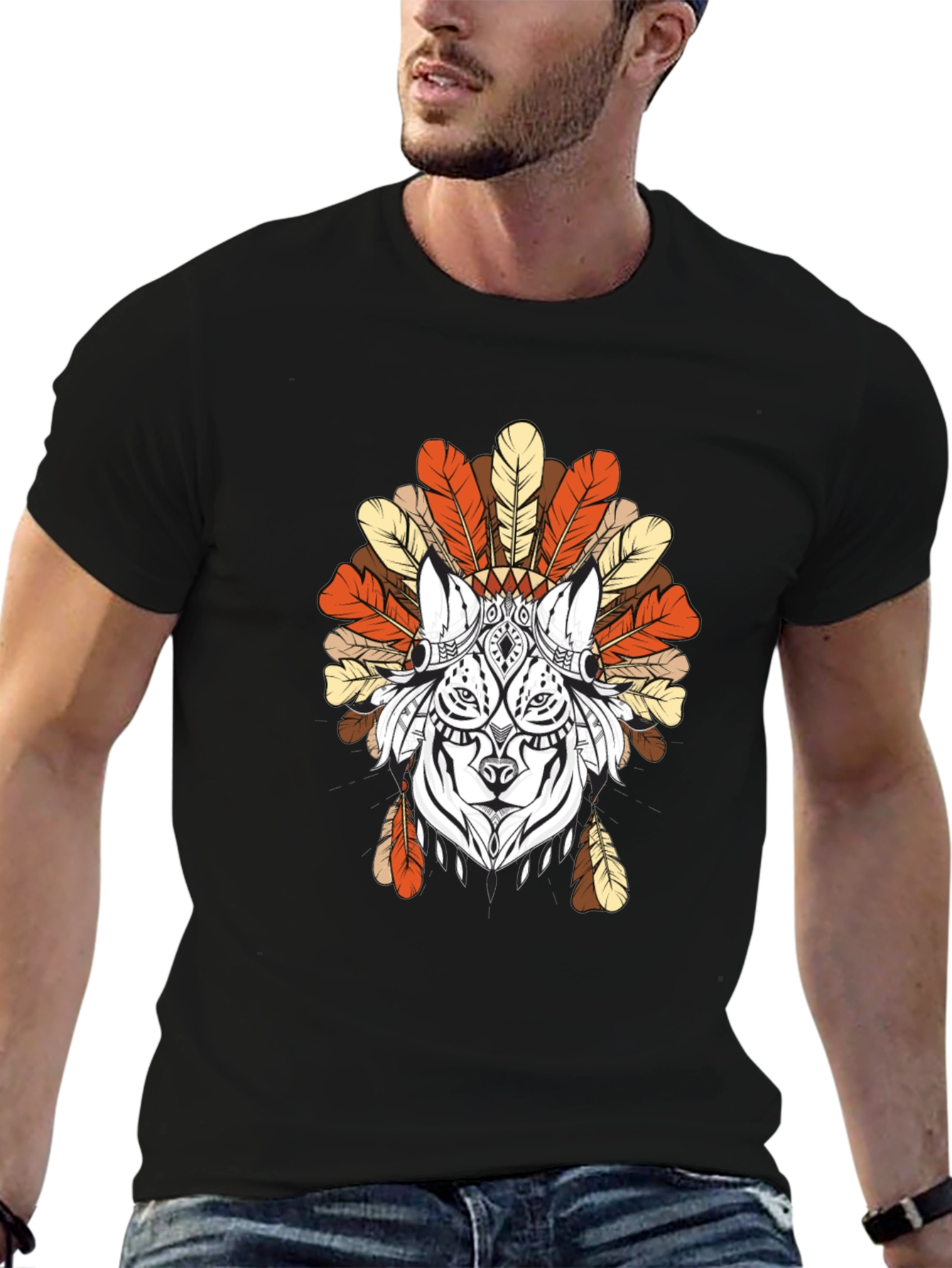Feathered Wolf Graphic Tee - Tribal Design