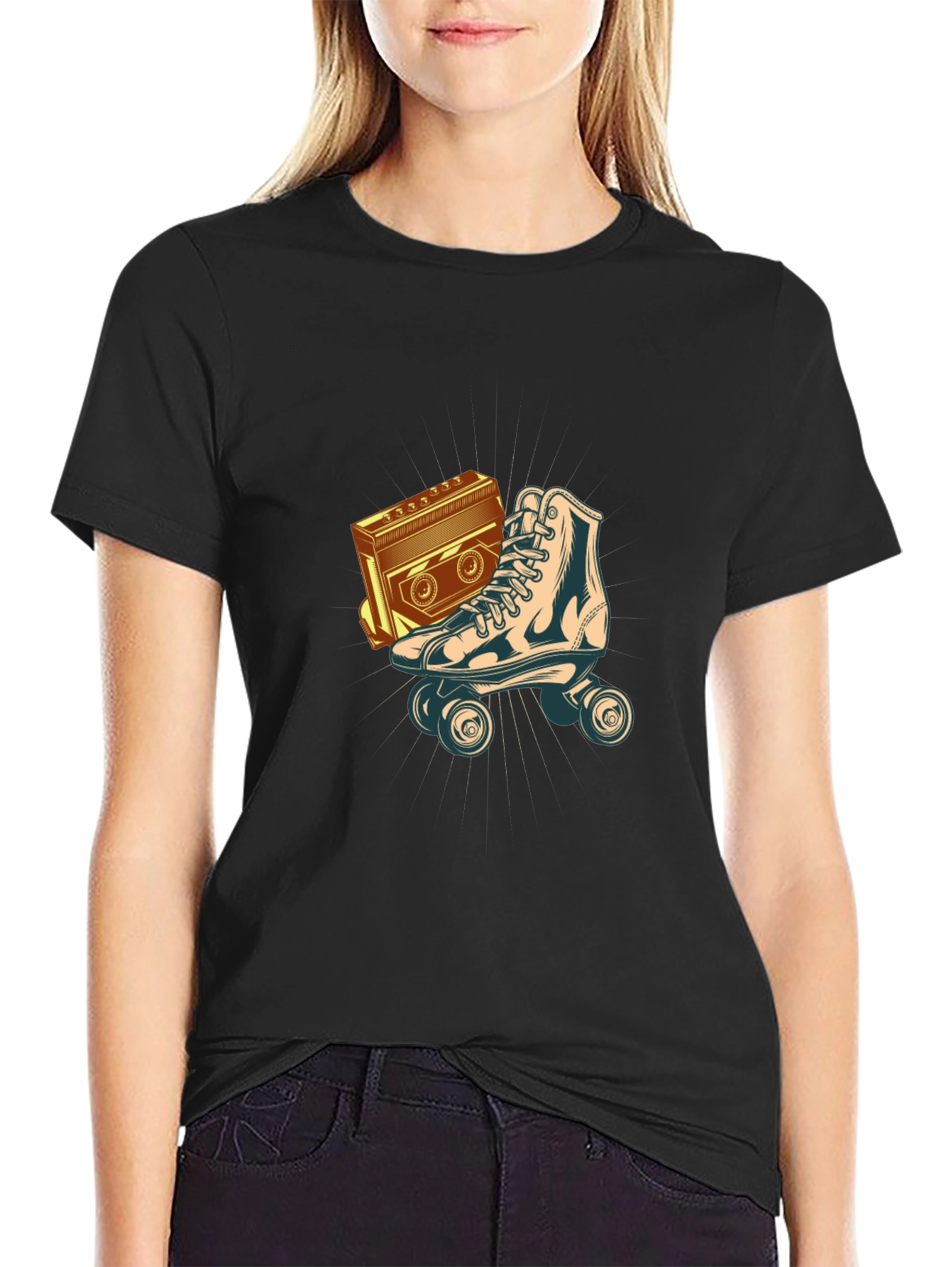 Retro Roller Skate & Boombox Graphic Tee - Black
