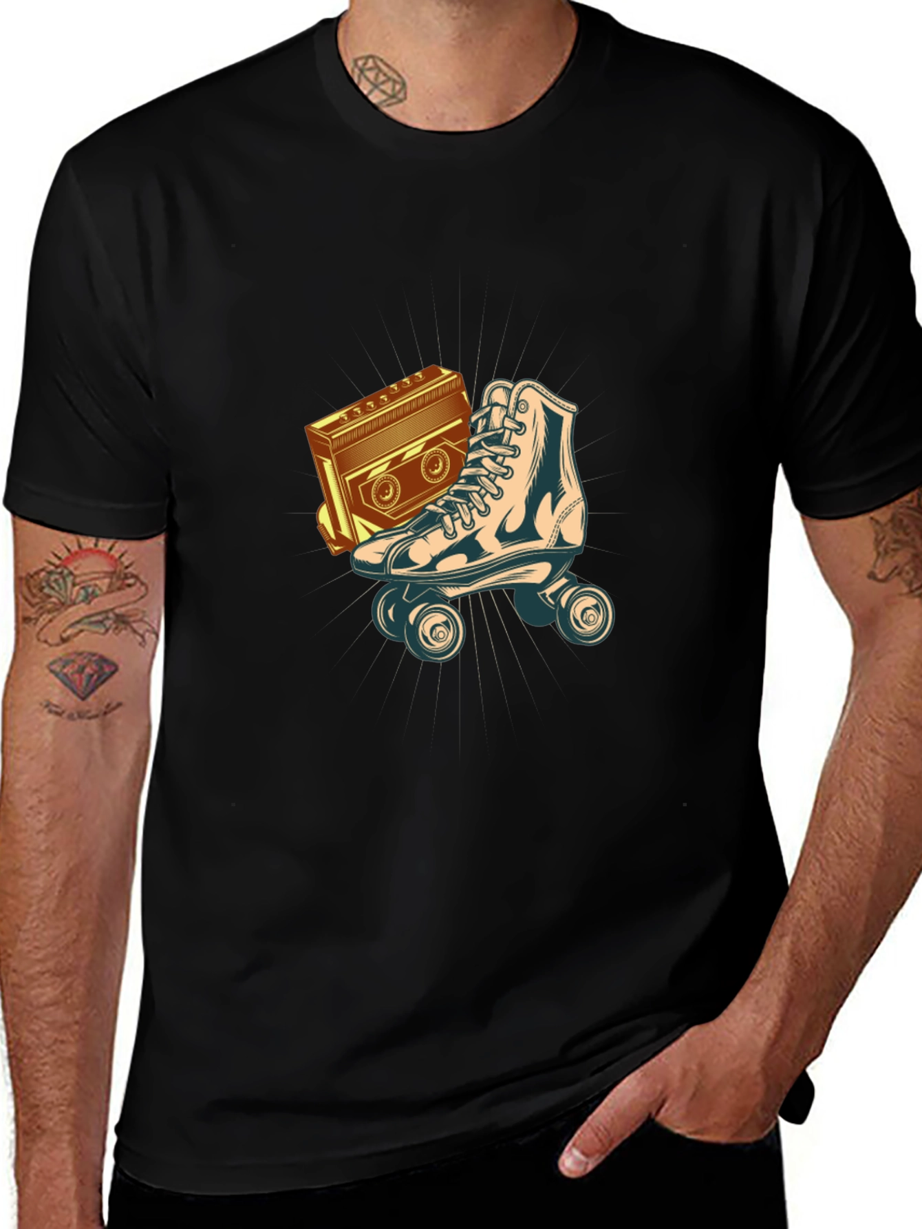 Retro Roller Skate & Boombox Graphic Tee - Black