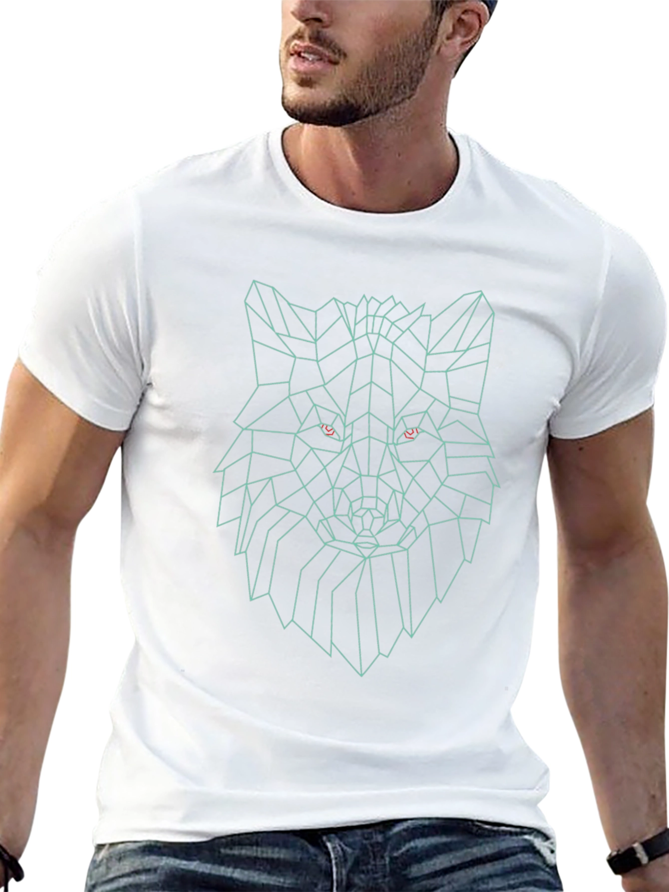 Geometric Wolf Head Graphic Print Black T-Shirt