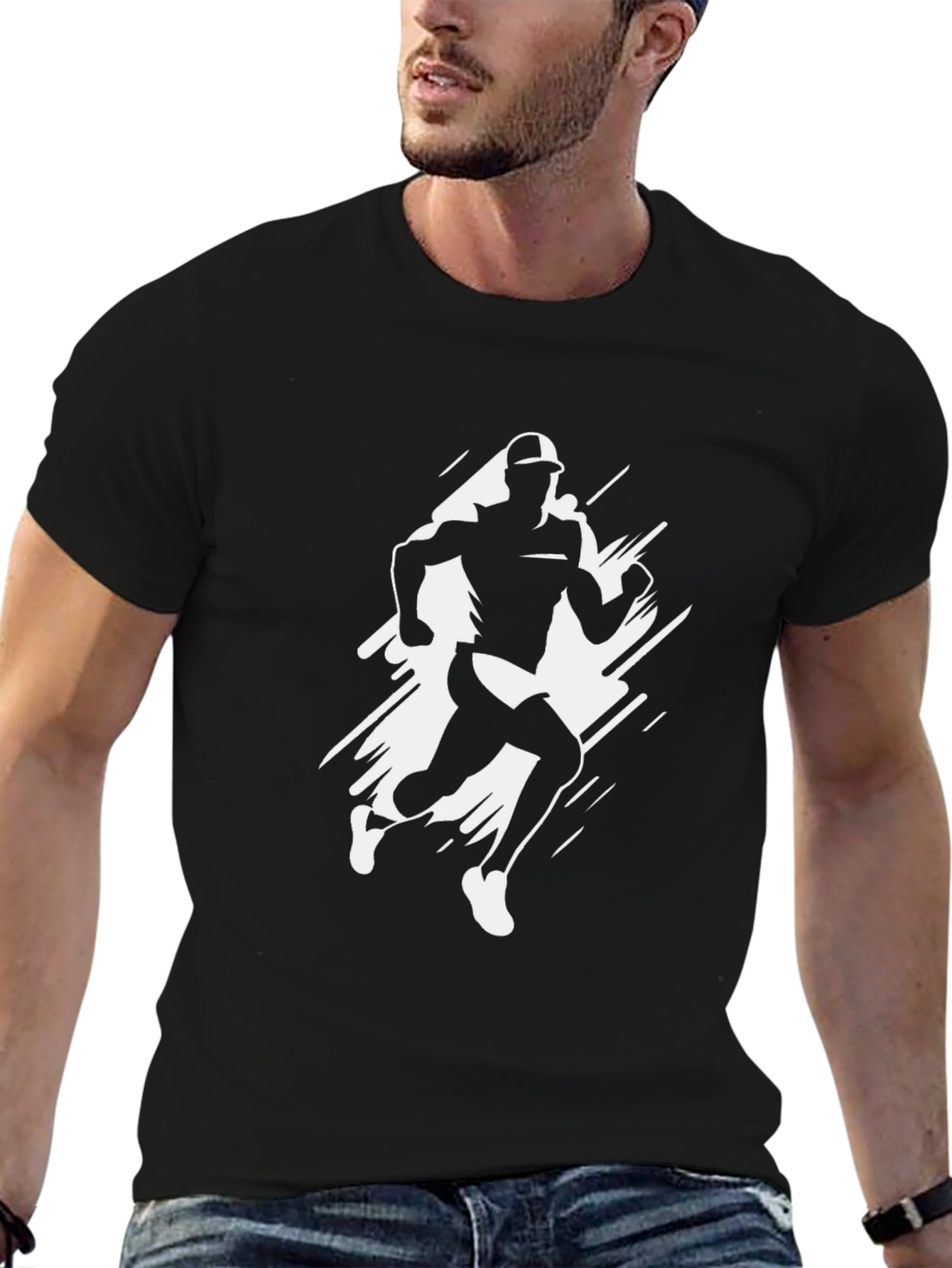 Mens Black T-Shirt with Runner Graphic