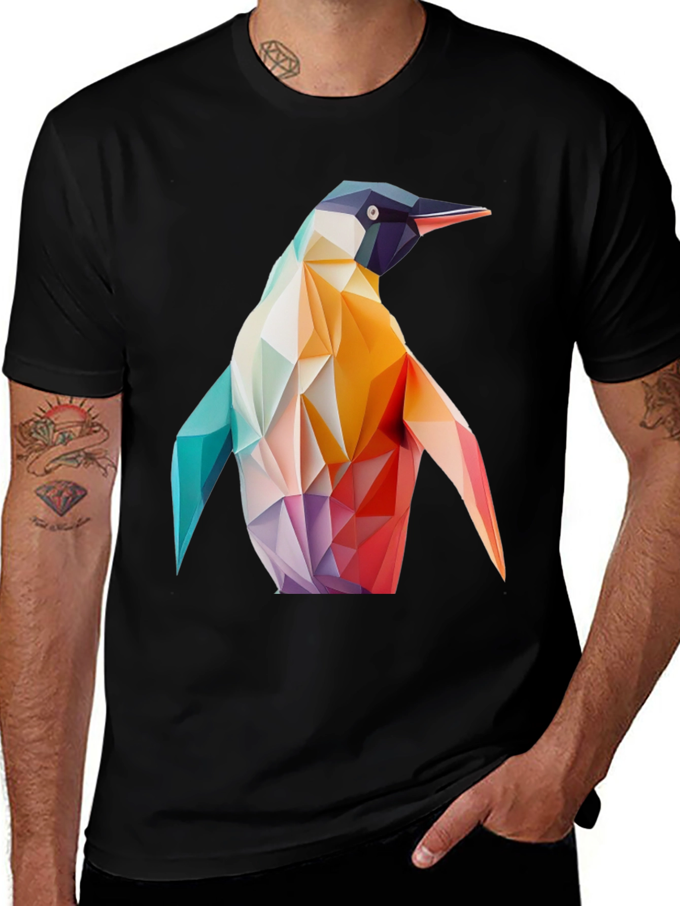 Geometric Penguin Graphic Black T-Shirt