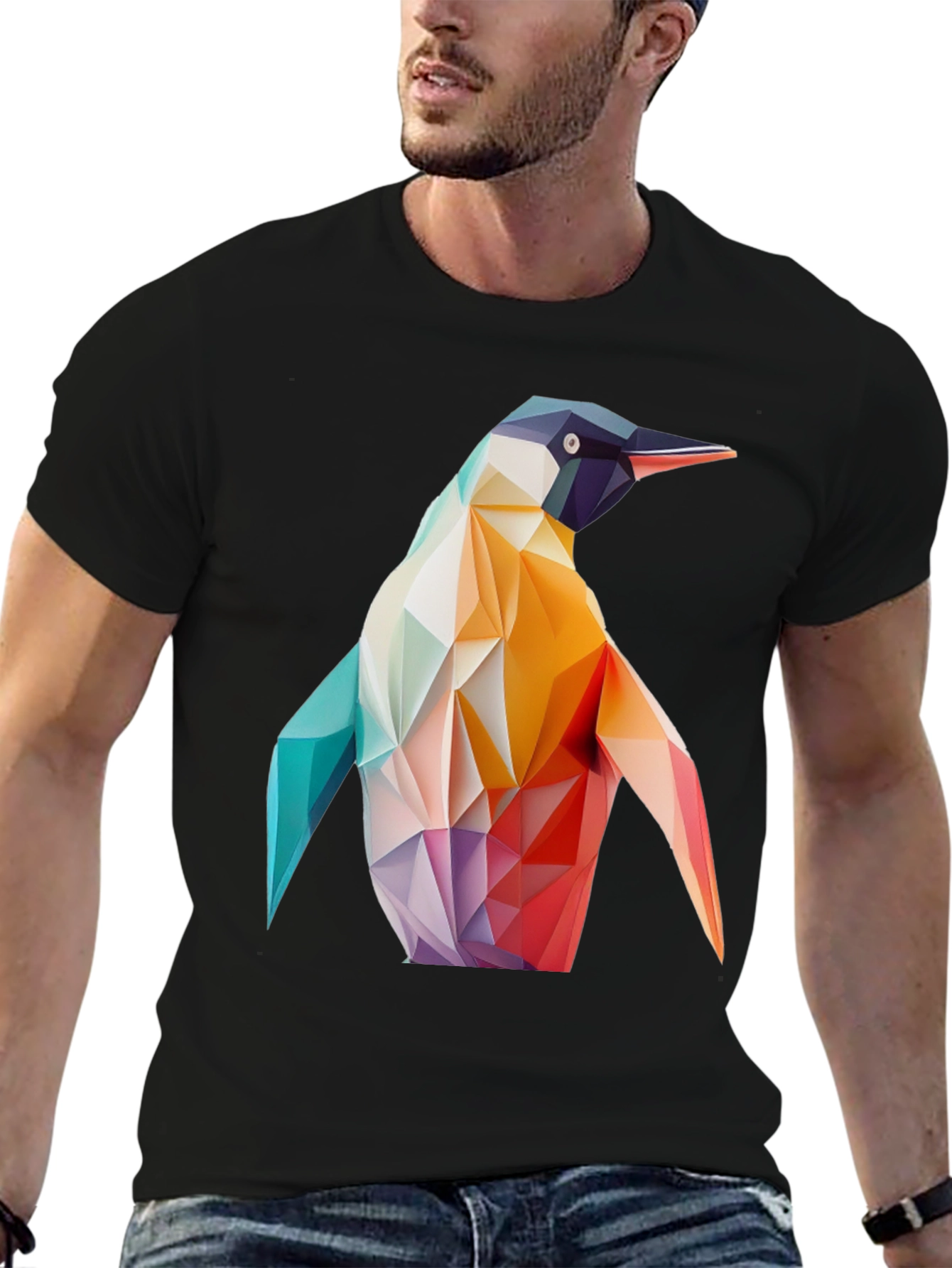Geometric Penguin Graphic Black T-Shirt