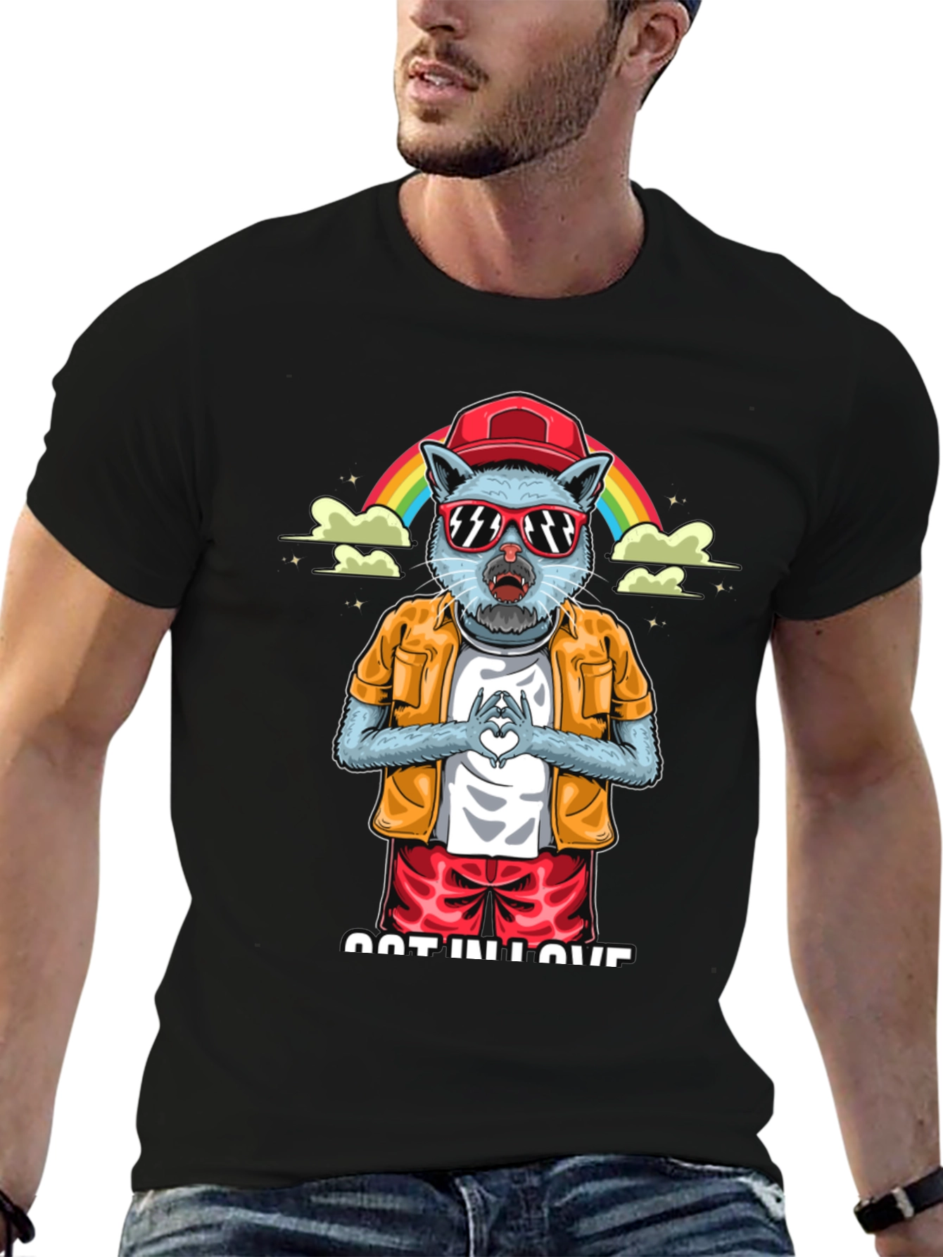 Cool Cat in Love Graphic Tee - Black