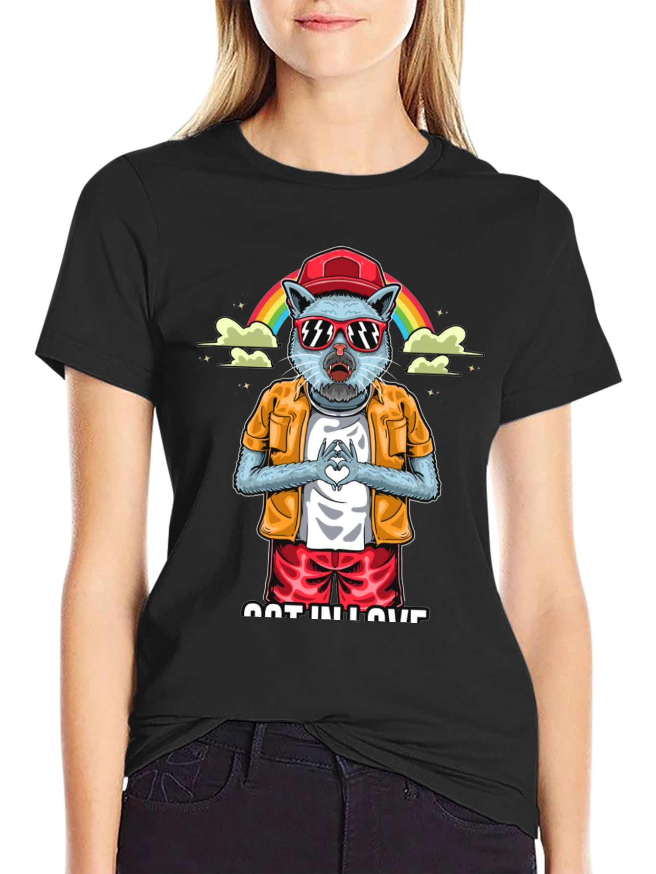 Cool Cat in Love Graphic Tee - Black