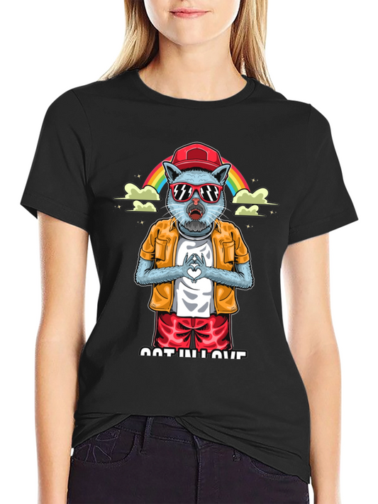 Cool Cat in Love Graphic Tee - Black
