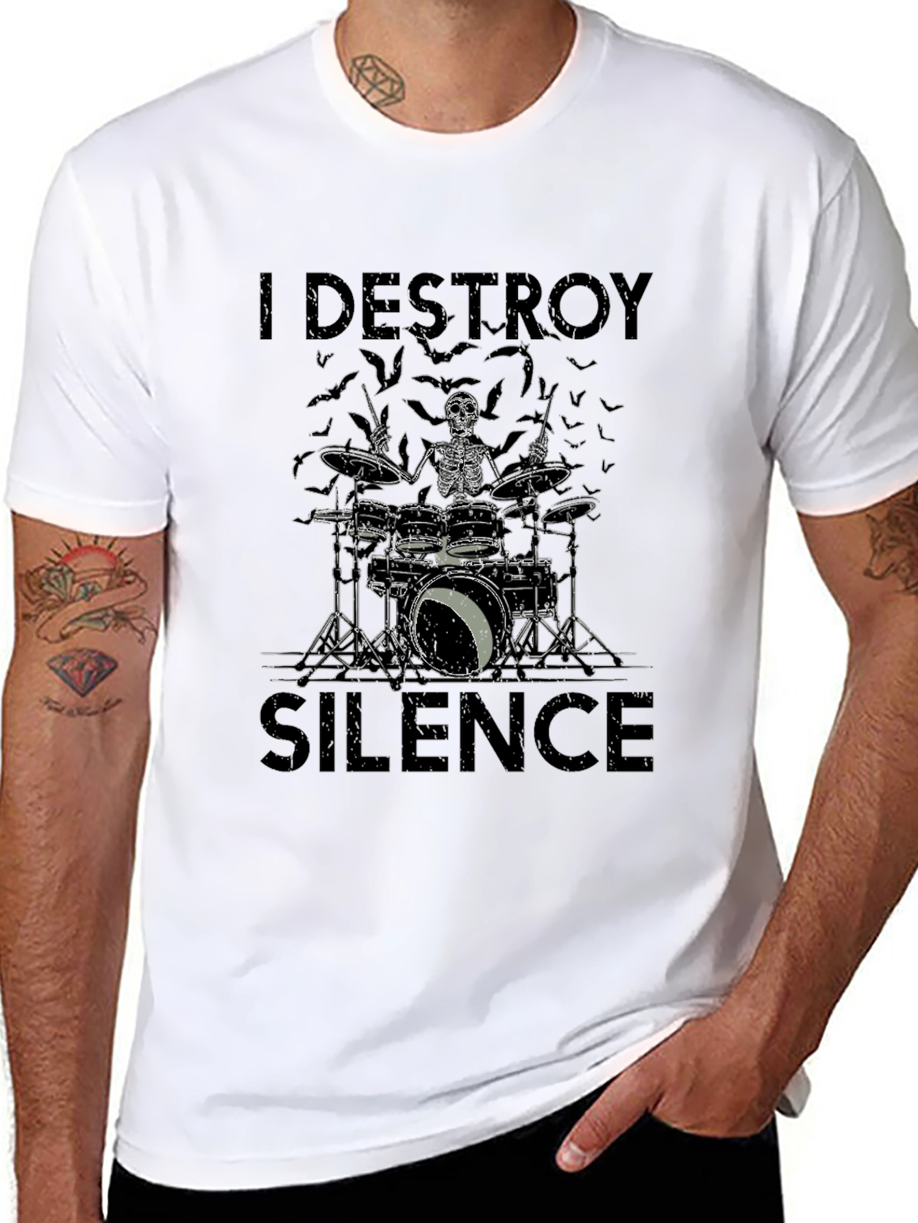 I Destroy Silence Skeleton Drummer Black T-Shirt