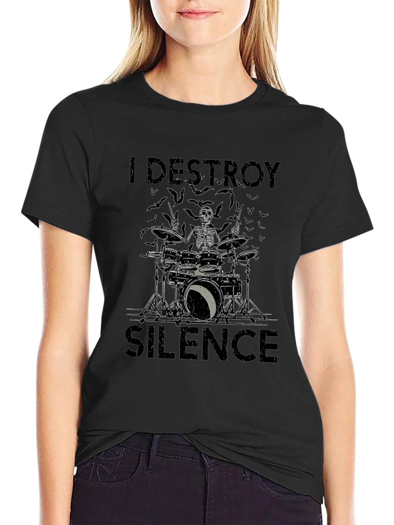 I Destroy Silence Skeleton Drummer Black T-Shirt