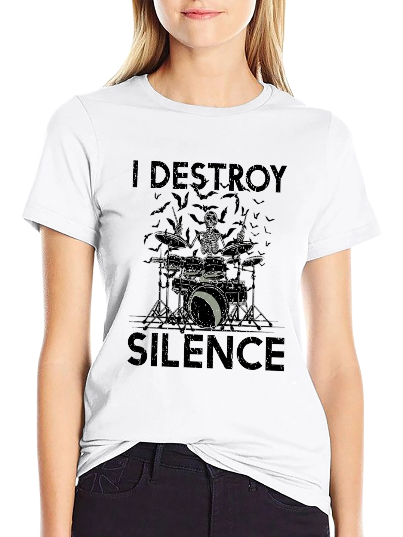 I Destroy Silence Skeleton Drummer Black T-Shirt