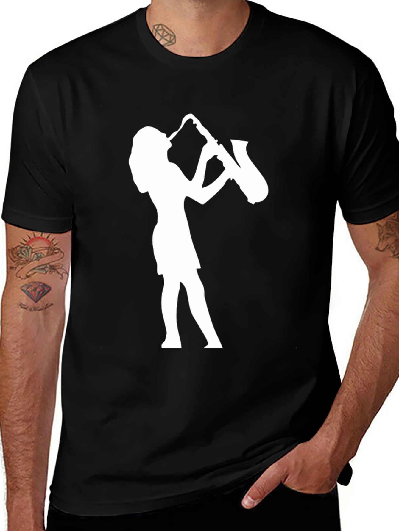 Saxophone Player Graphic Tee - Black Cotton Casual Shirt