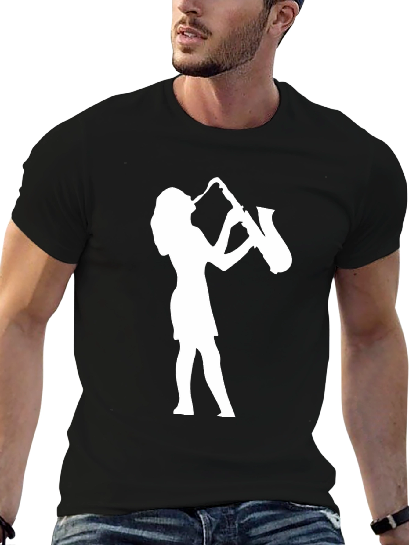 Saxophone Player Graphic Tee - Black Cotton Casual Shirt
