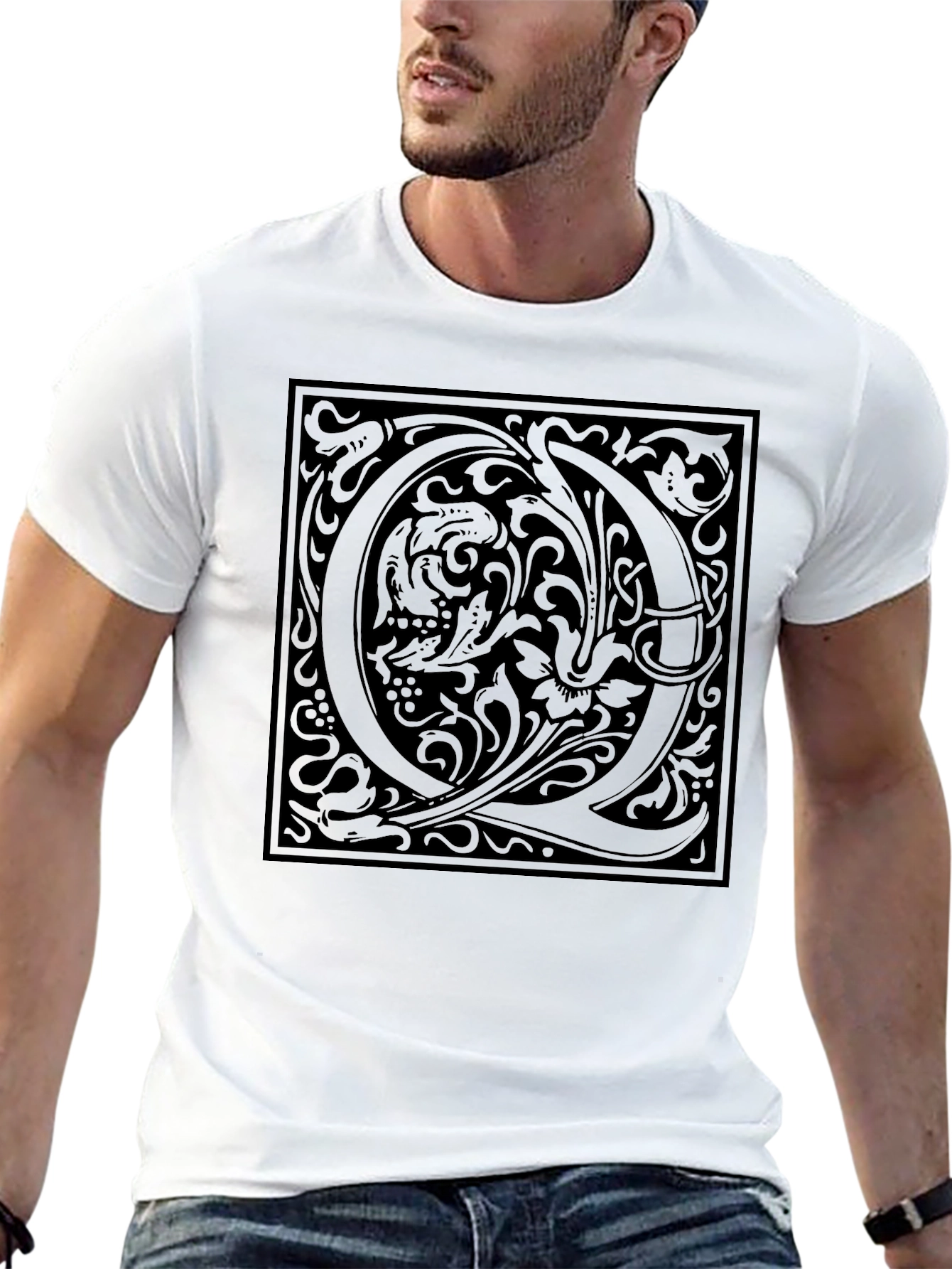 Ornate Letter Q Black T-Shirt - Unique Design