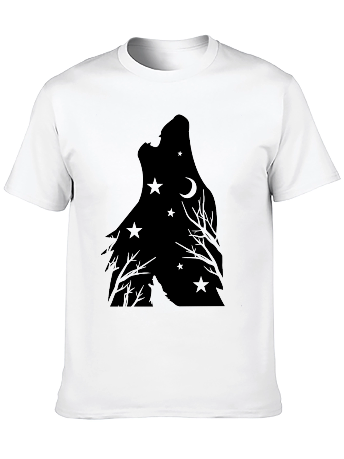 Wolf Howling Moon Star Graphic Print Tee - Black