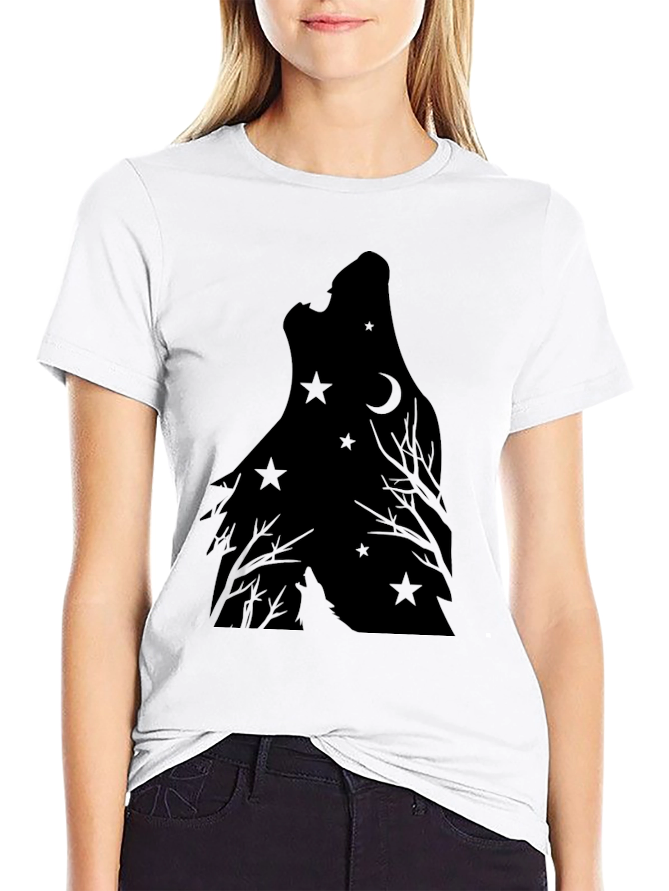 Wolf Howling Moon Star Graphic Print Tee - Black