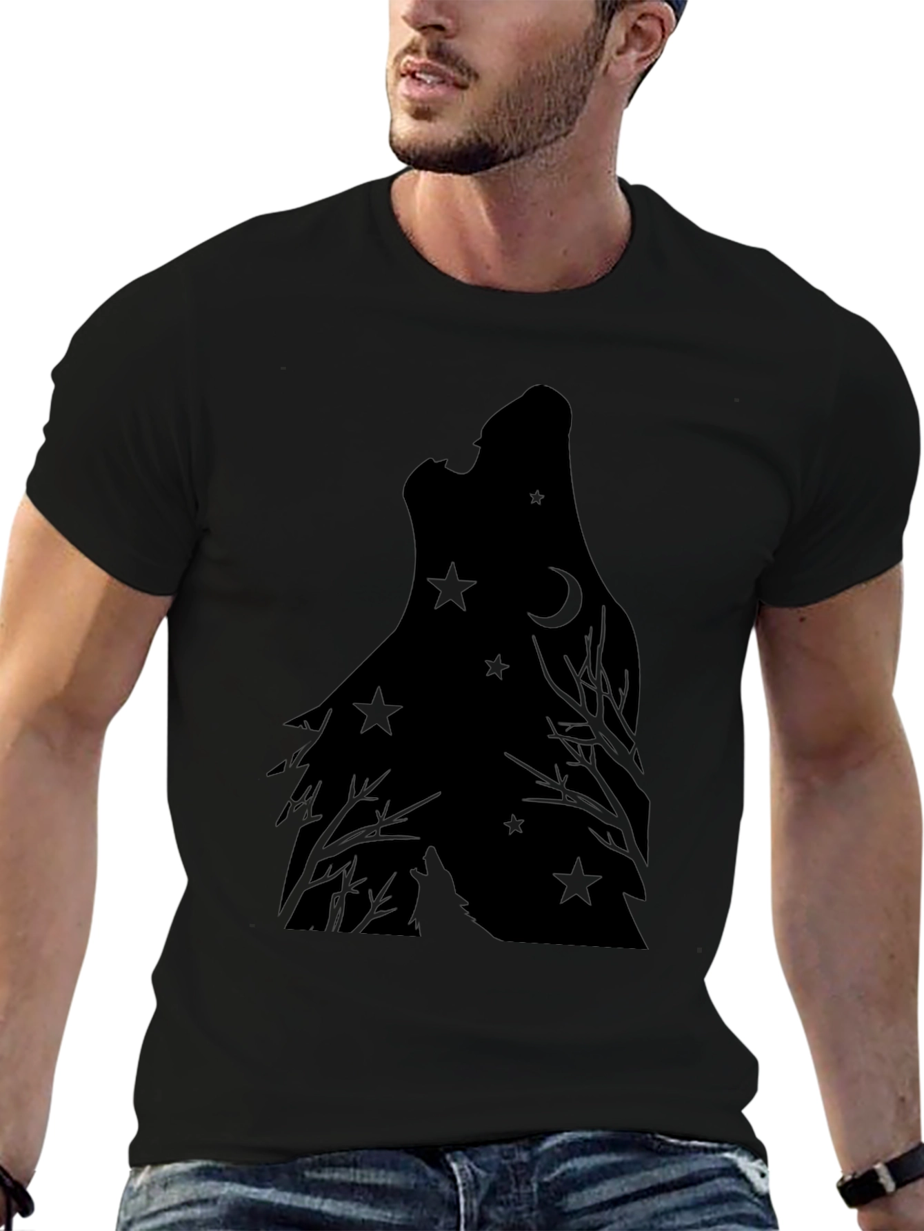 Wolf Howling Moon Star Graphic Print Tee - Black
